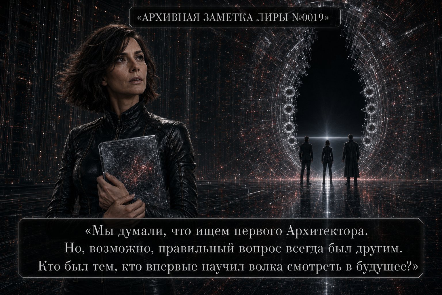 Лира с архивной книгой на переднем плане, вдалеке трое стоят перед светящимся порталом — «Кто был тем, кто впервые научил волка смотреть в будущее?»