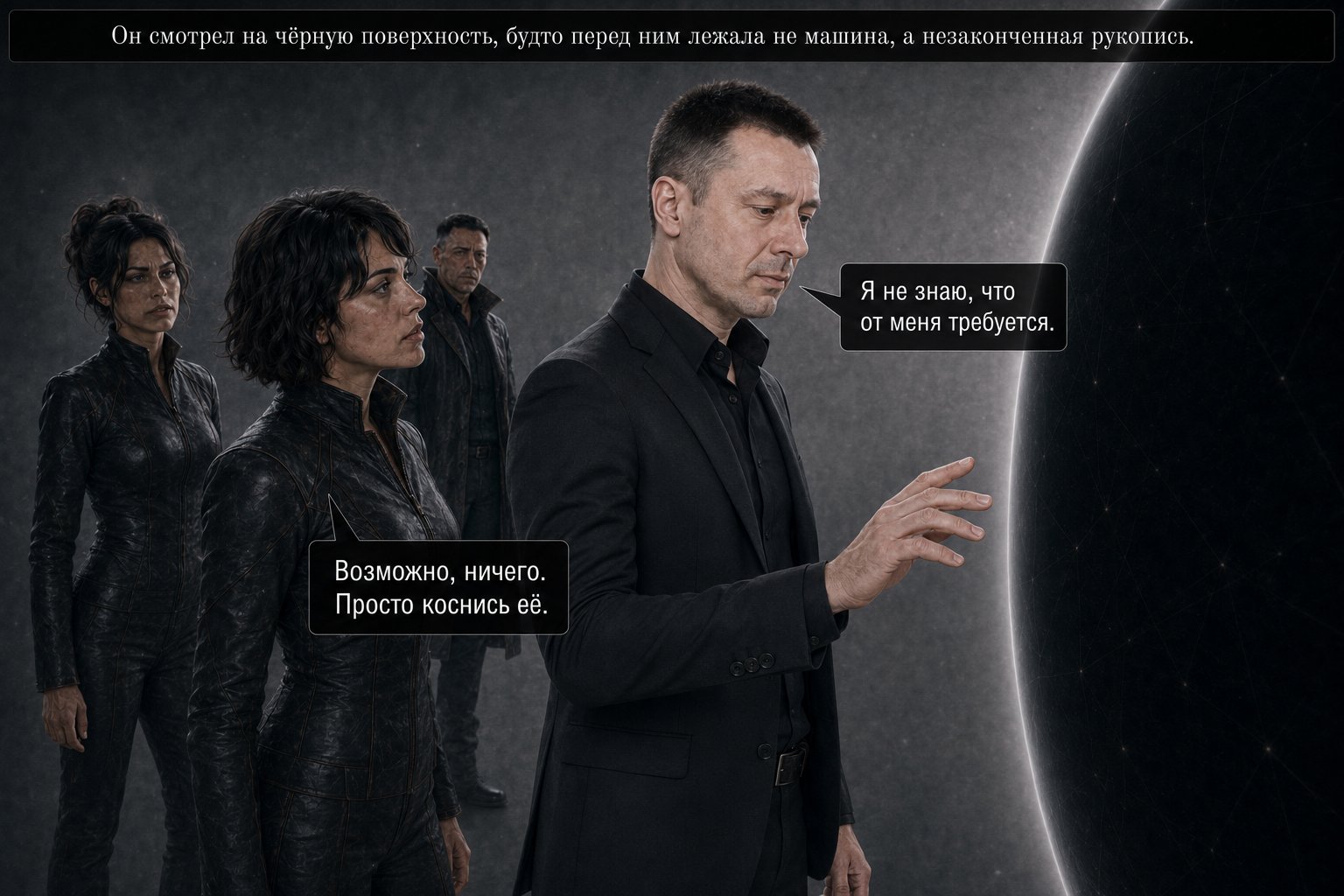 Земной Артём тянется рукой к сфере — «Я не знаю, что от меня требуется» «Возможно, ничего. Просто коснись её»