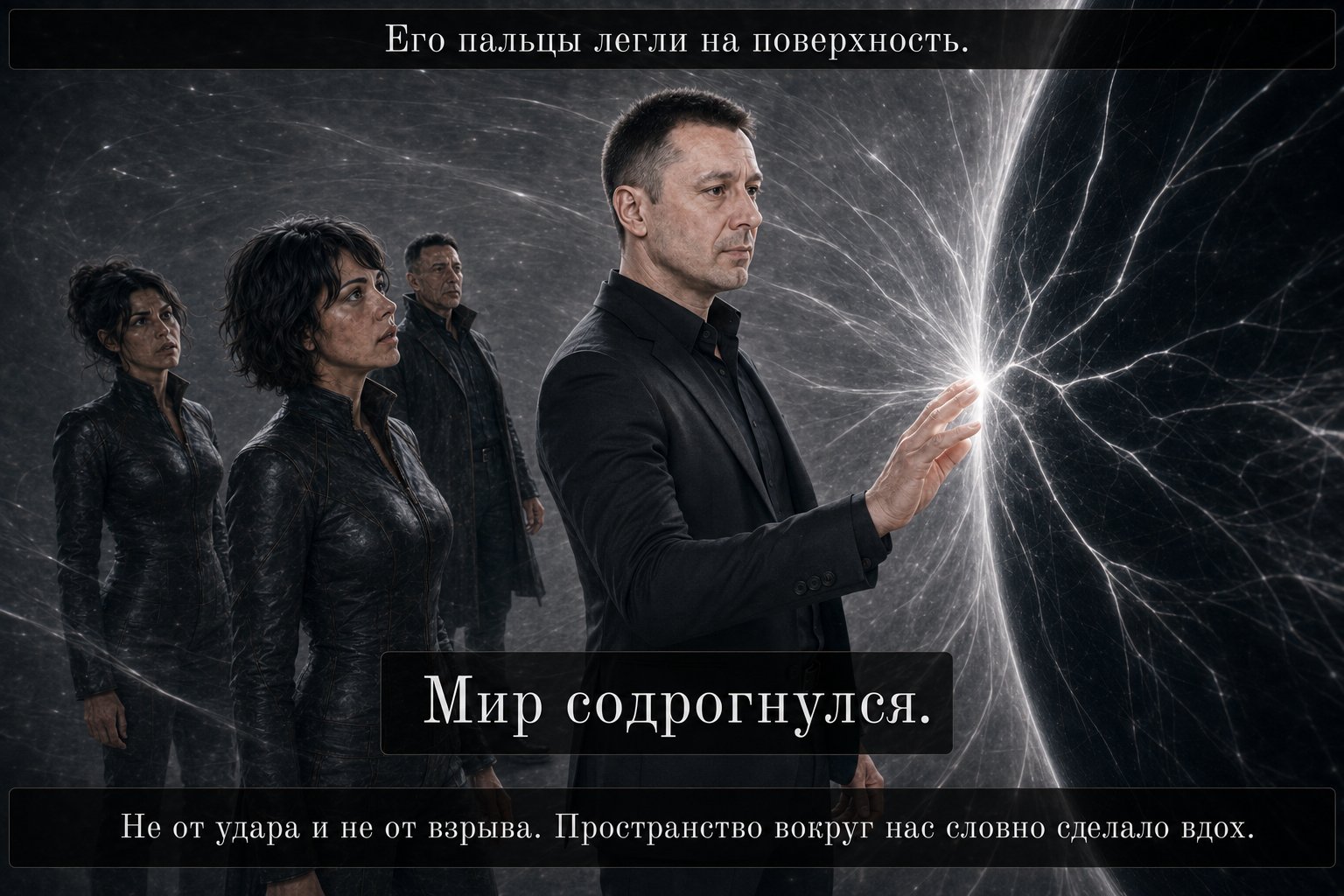 Земной Артём касается сферы, из-под пальцев расходятся яркие световые нити по всему пространству — «Мир содрогнулся»