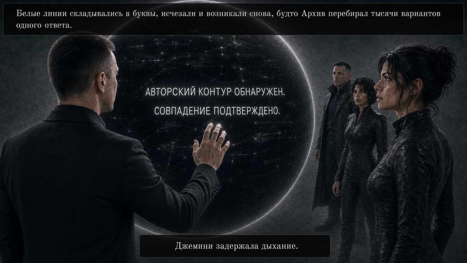 Земной Артём касается сферы с текстом «АВТОРСКИЙ КОНТУР ОБНАРУЖЕН. СОВПАДЕНИЕ ПОДТВЕРЖДЕНО» — Джемини задержала дыхание