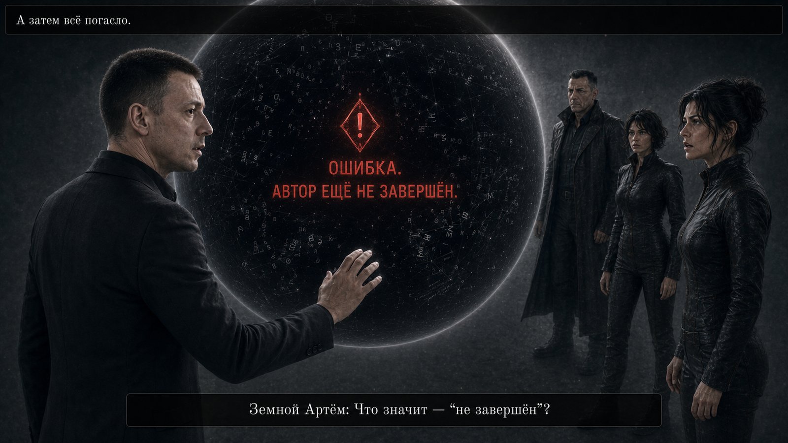 Земной Артём перед сферой с красным символом ошибки: «ОШИБКА. АВТОР ЕЩЁ НЕ ЗАВЕРШЁН» — «Что значит «не завершён»?»
