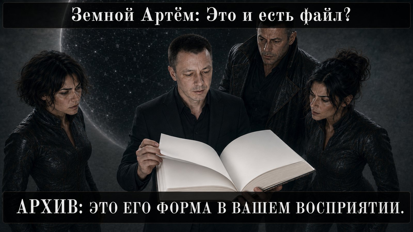 Земной Артём перелистывает пустые страницы книги, остальные трое смотрят — «Это и есть файл?» «Это его форма в вашем восприятии»