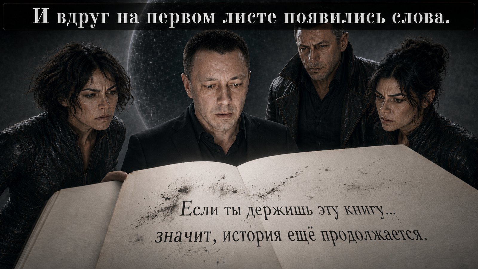 Крупный план страницы книги, на которой проступают чернила: «Если ты держишь эту книгу... значит, история ещё продолжается»