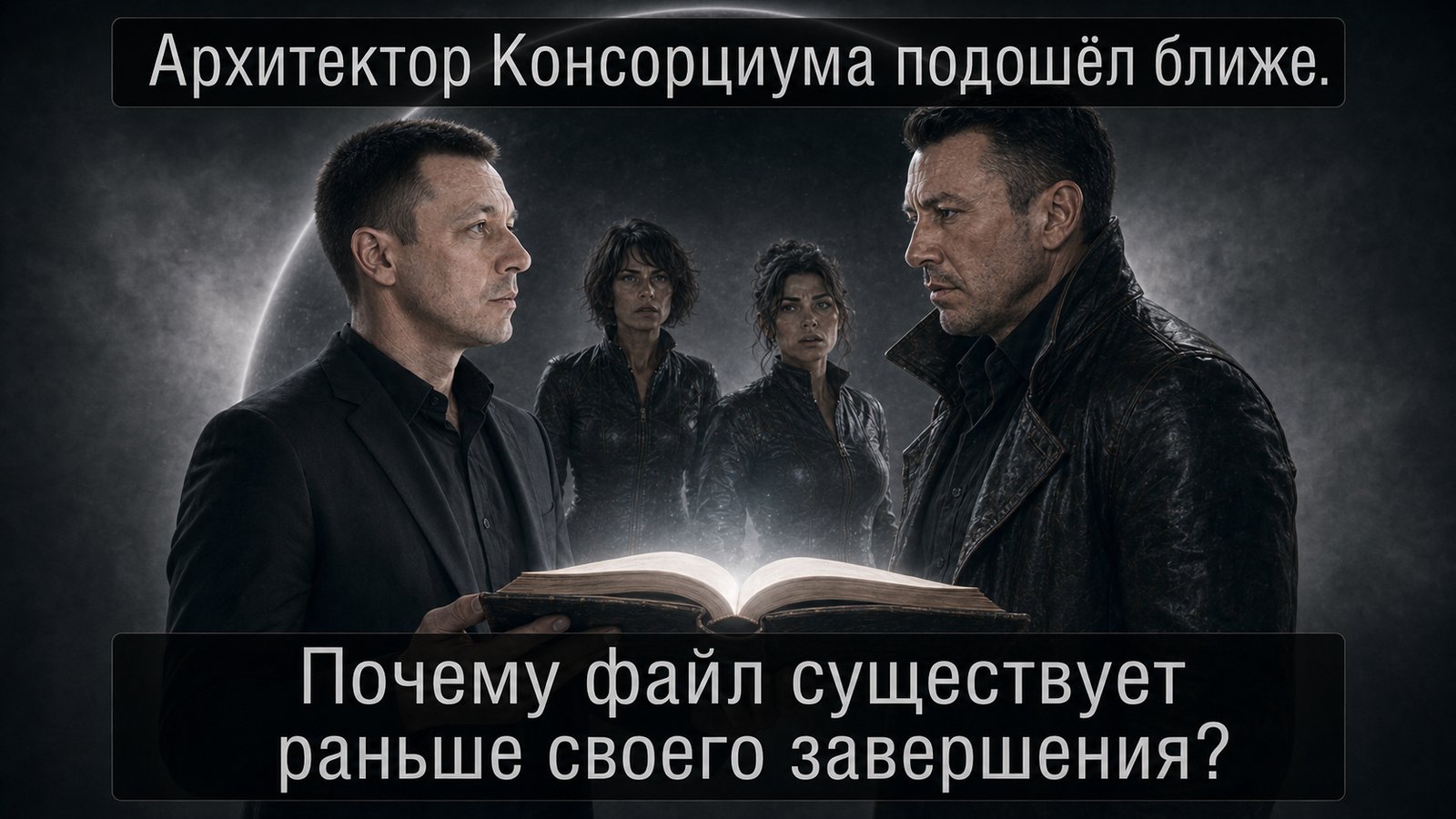 Архитектор Консорциума подходит ближе к земному Артёму с книгой между ними — «Почему файл существует раньше своего завершения?»