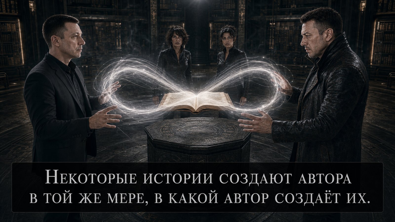 Архитектор и земной Артём стоят по обе стороны книги, между их ладонями светится символ бесконечности — «Некоторые истории создают автора в той же мере, в какой автор создаёт их»