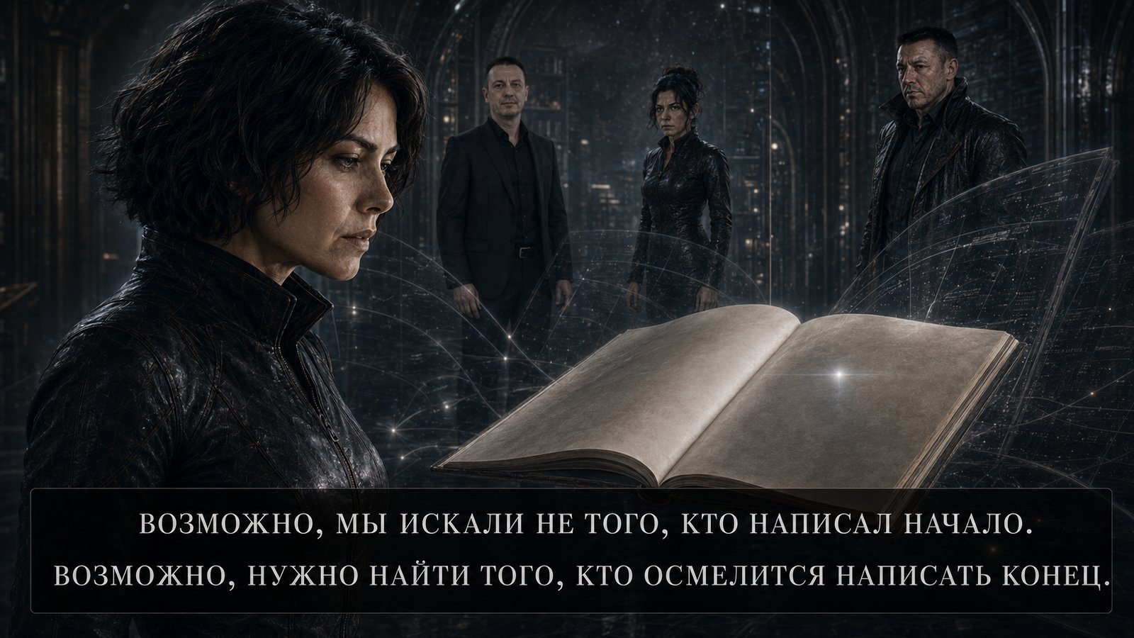 Лира на переднем плане с открытой пустой книгой, за ней остальные трое — «Возможно, мы искали не того, кто написал начало. Возможно, нужно найти того, кто осмелится написать конец»
