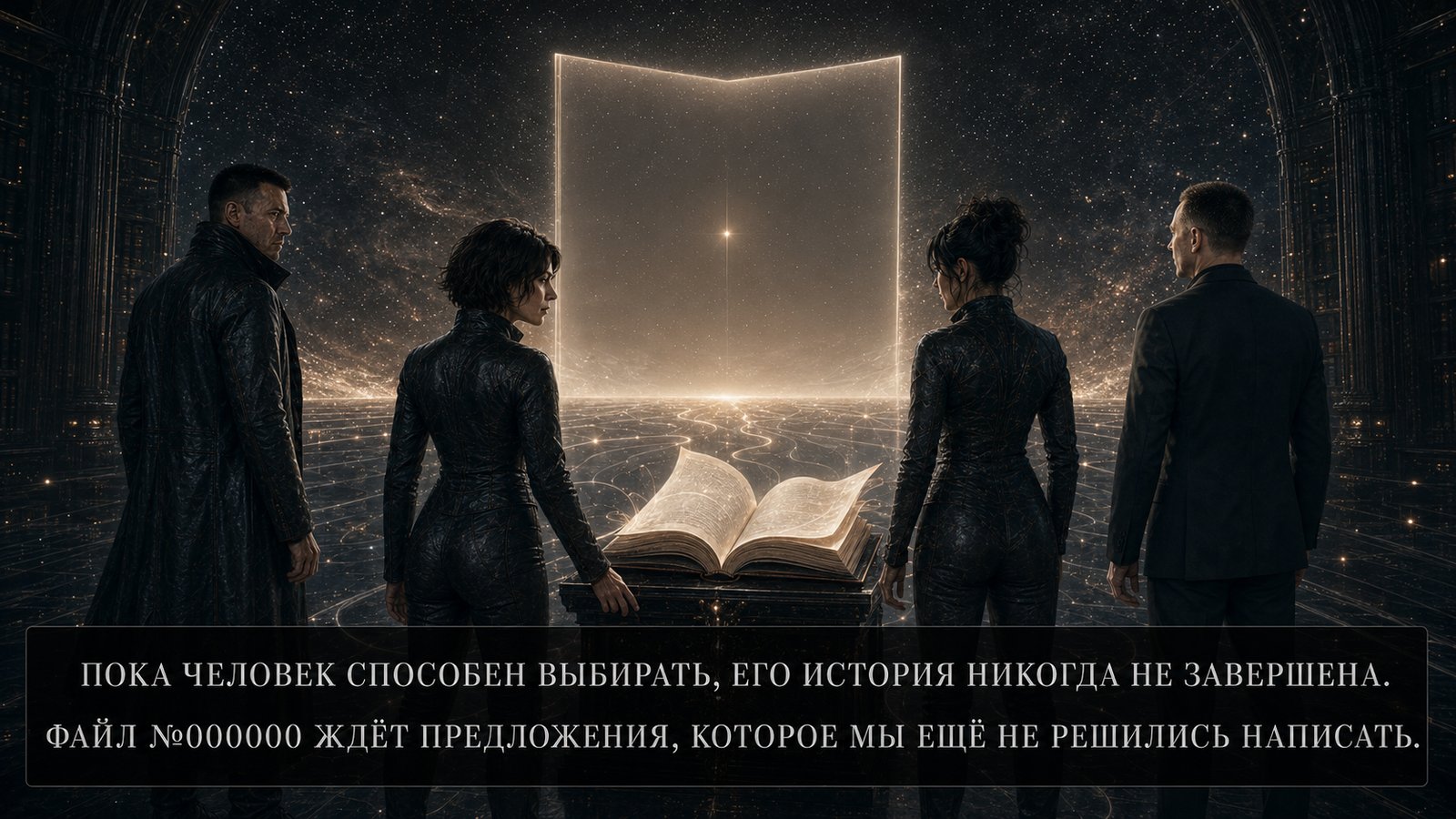 Все четверо перед светящимся порталом-книгой среди звёзд и открытой рукописи на постаменте — «Пока человек способен выбирать, его история никогда не завершена»