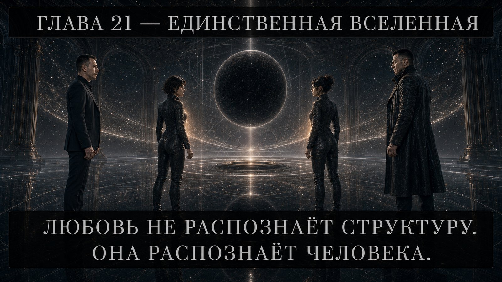 Все четверо стоят вокруг чёрной сферы в золотом зале Архива — «Любовь не распознаёт структуру. Она распознаёт человека»