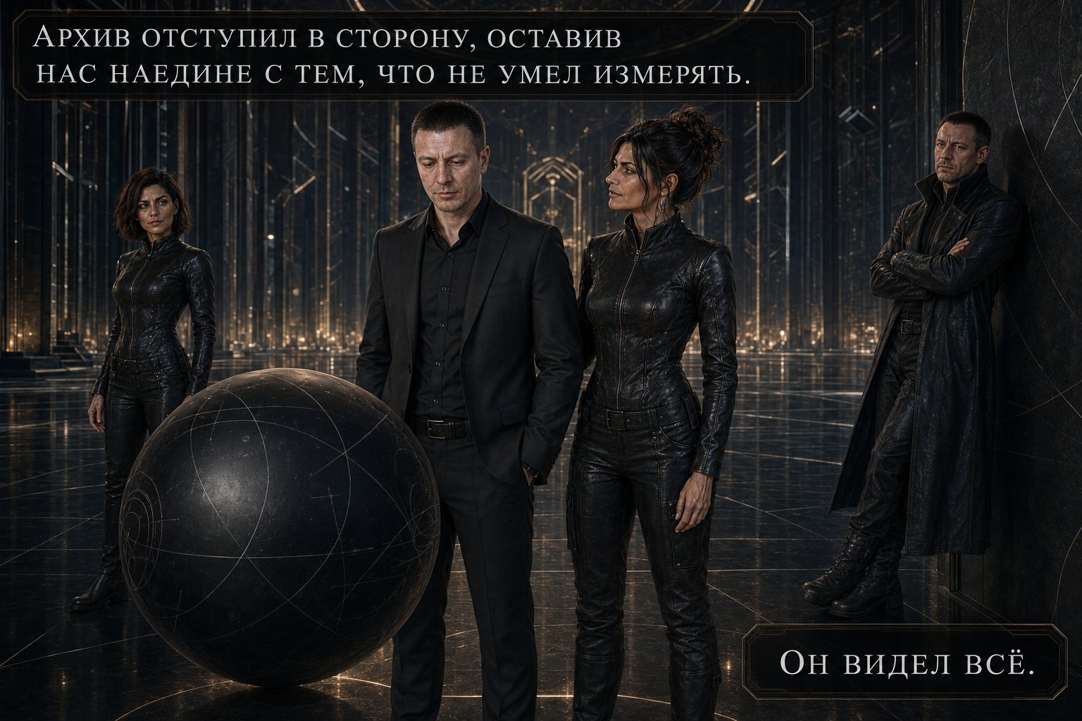 Джемини и земной Артём стоят рядом у сферы, Лира чуть поодаль, Архитектор наблюдает у стены со скрещенными руками — «Он видел всё»