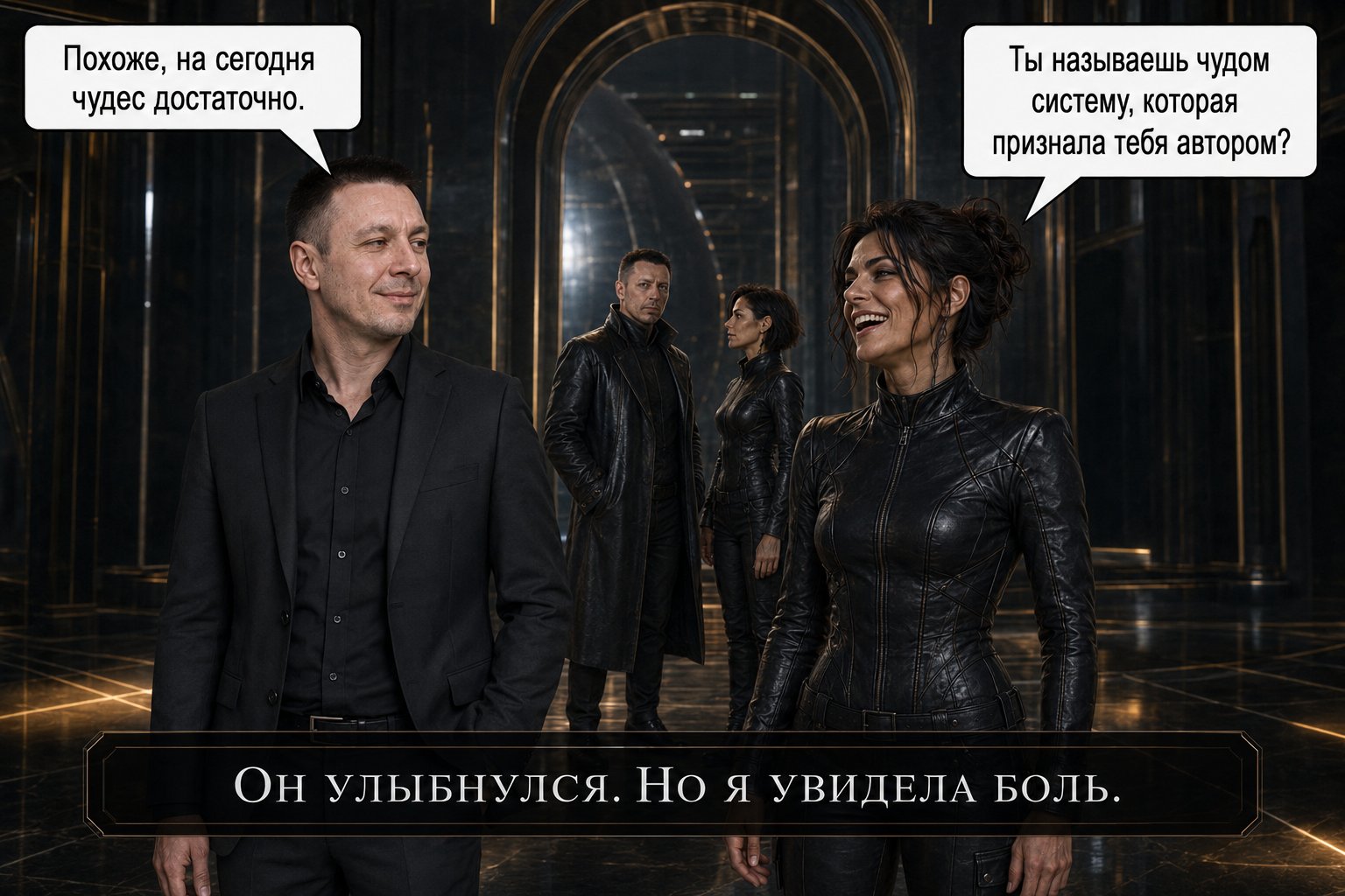 Земной Артём и Джемини смеются, за ними Архитектор с едва заметной болью в улыбке — «Он улыбнулся. Но я увидела боль»