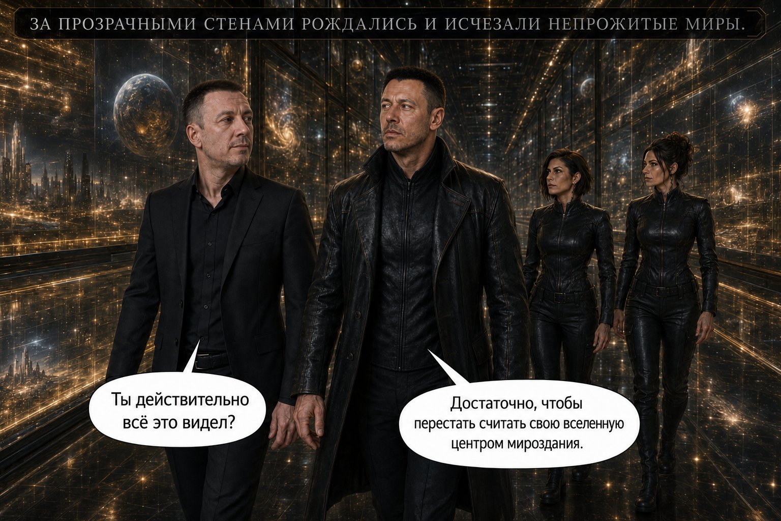 Земной Артём и Архитектор идут по галерее Архива среди рождающихся и исчезающих непрожитых миров — «Ты действительно всё это видел?» «Достаточно, чтобы перестать считать свою вселенную центром мироздания»