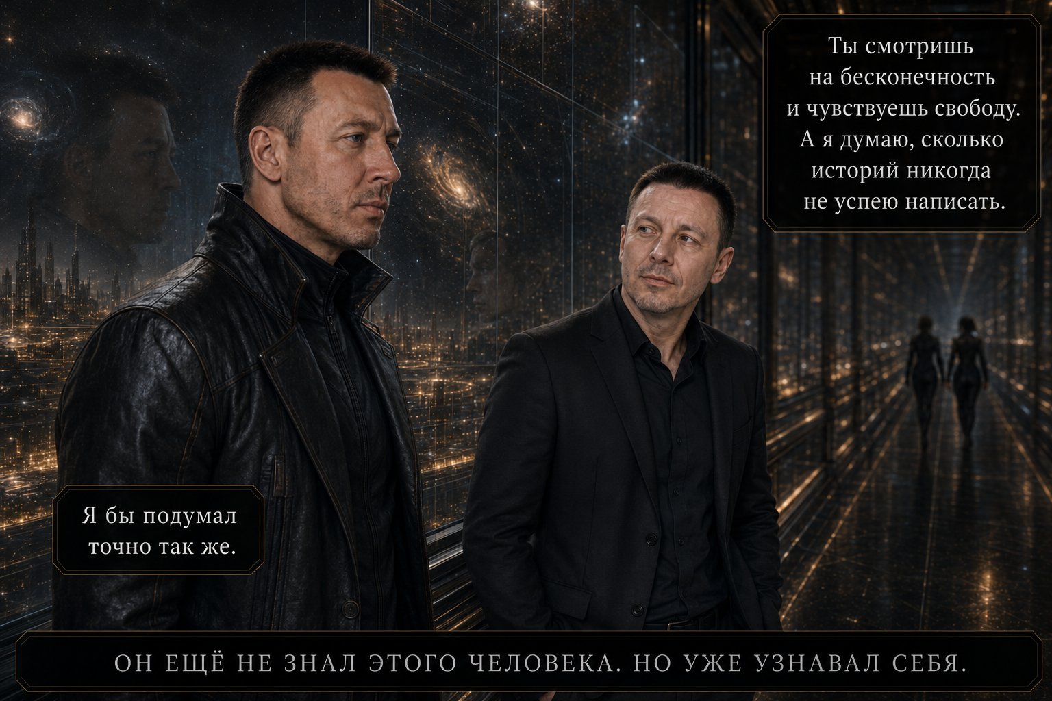 Земной Артём и Архитектор идут рядом по звёздной галерее — «Ты смотришь на бесконечность и чувствуешь свободу. Я думаю, сколько историй никогда не успею написать» «Я бы подумал точно так же»