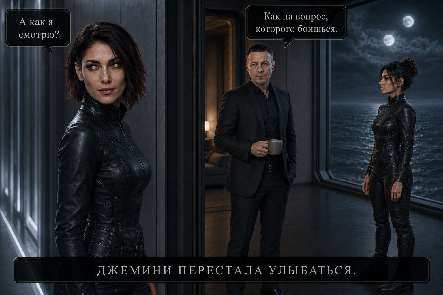 Лира в коридоре и земной Артём с Джемини в комнате — «А как я смотрю?» «Как на вопрос, которого боишься». Джемини перестала улыбаться