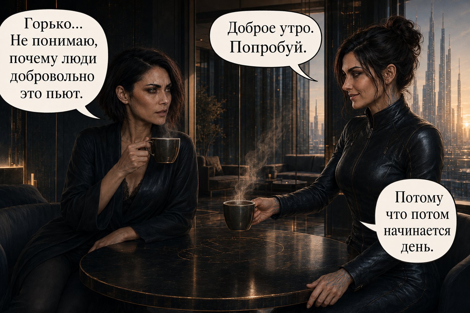 Джемини протягивает Лире чашку кофе на террасе с видом на город — «Не понимаю, почему люди добровольно пьют такой горький напиток» «Потому что потом начинается день»