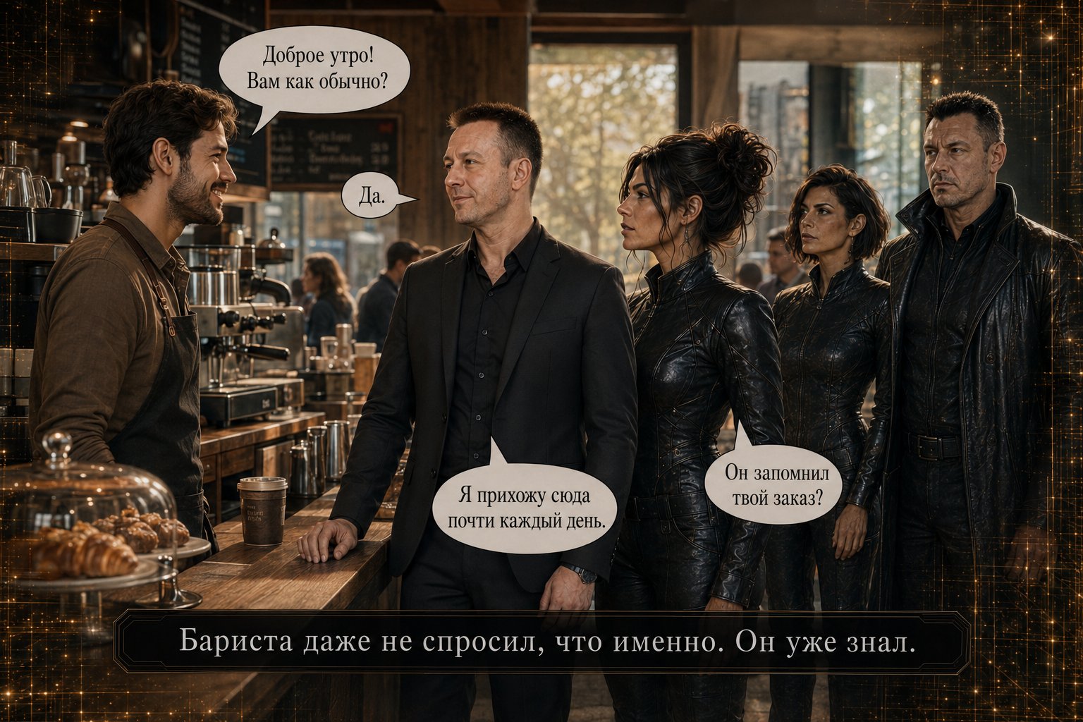 Бариста приветствует земного Артёма у стойки кофейни, за ним Лира, Джемини и Архитектор — «Доброе утро! Вам как обычно?» «Да» — «Бариста даже не спросил, что именно. Он уже знал»