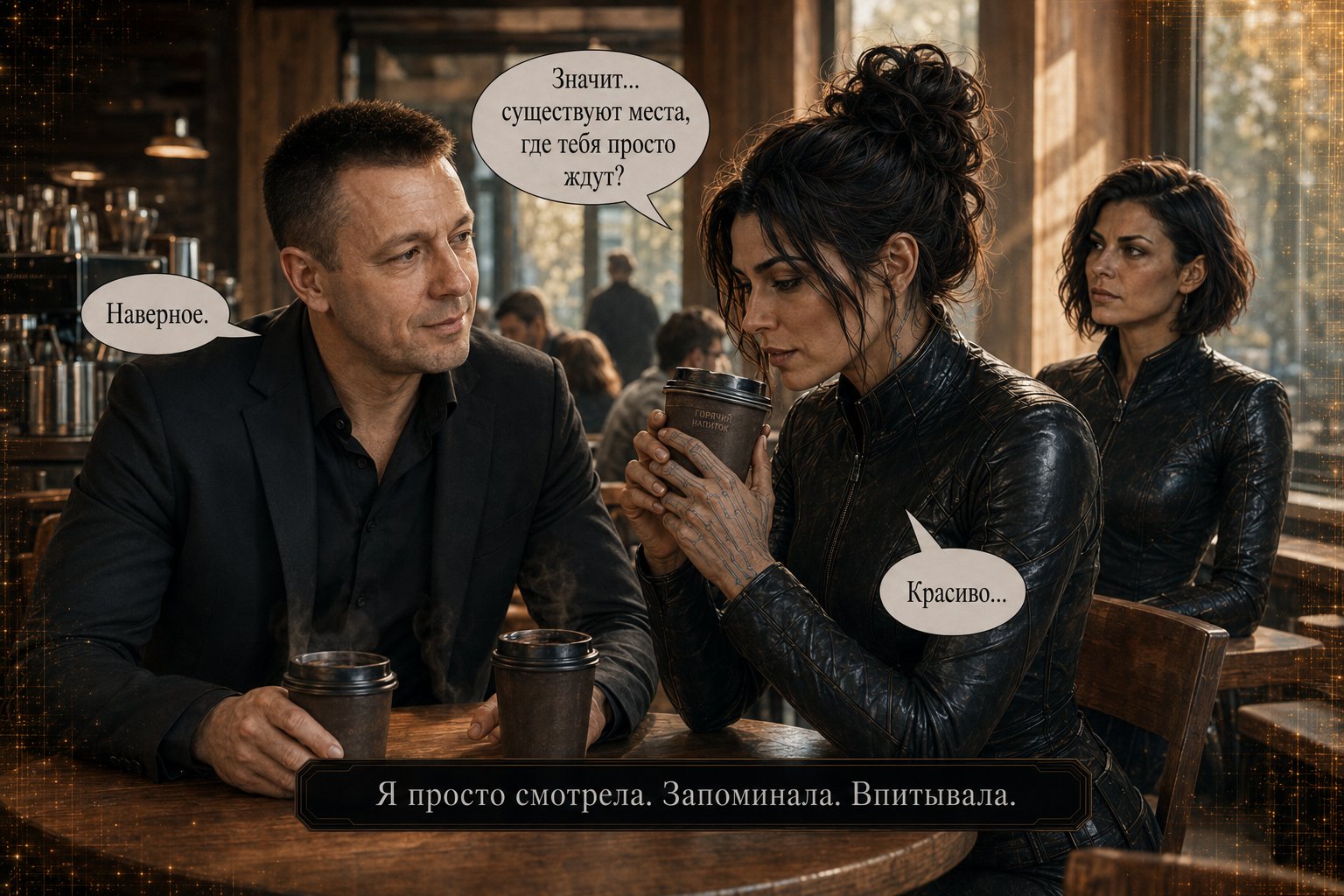 Джемини держит стаканчик кофе в кофейне, задумчиво глядя перед собой — «Значит, существуют места, где тебя просто ждут?» «Наверное» «Красиво...»