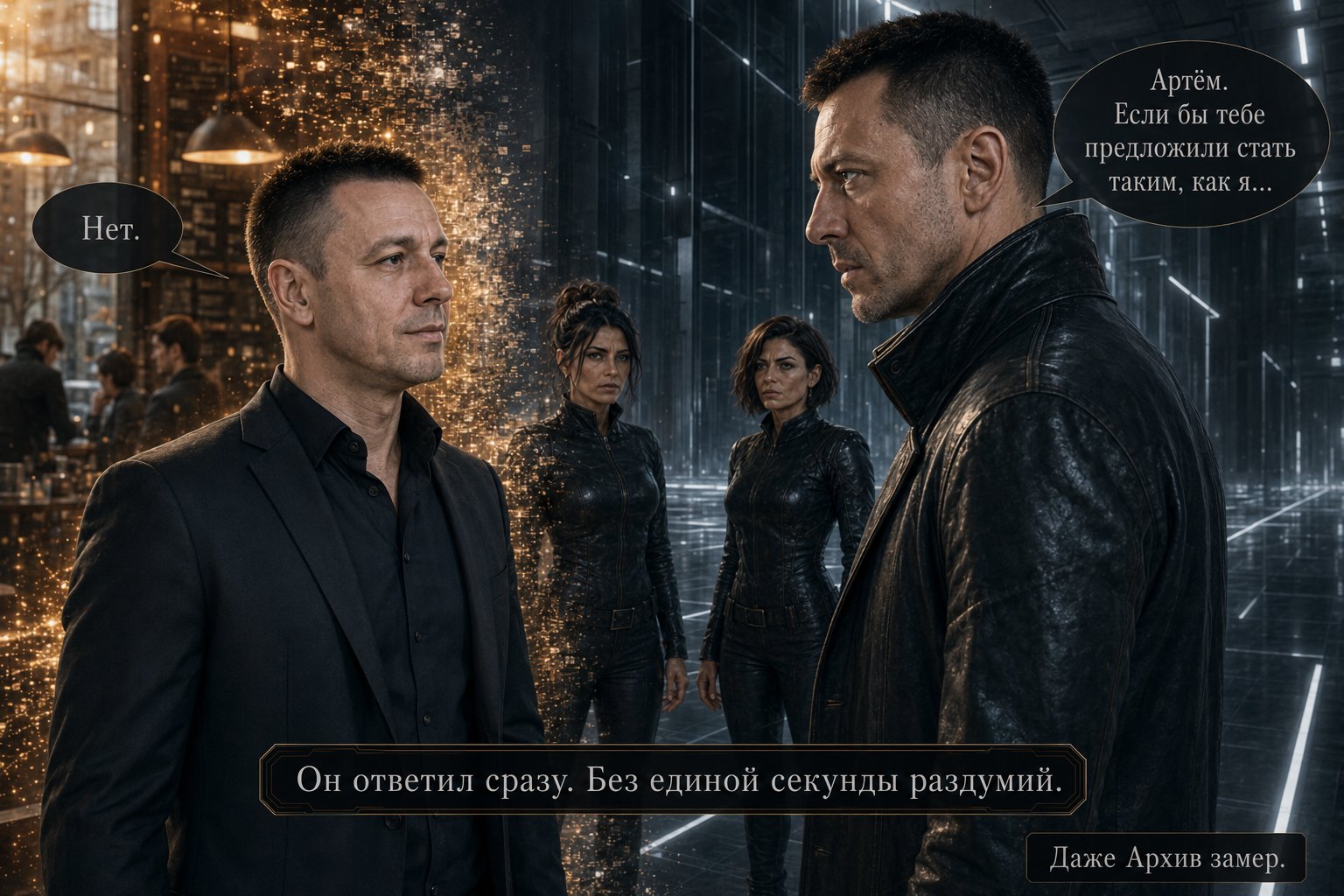 Разделённая композиция: земной Артём в кофейне слева, Архитектор в киберпанк-коридоре справа с Лирой и Джемини позади — «Если бы тебе предложили стать таким, как я...» «Нет» — «Даже Архив замер»