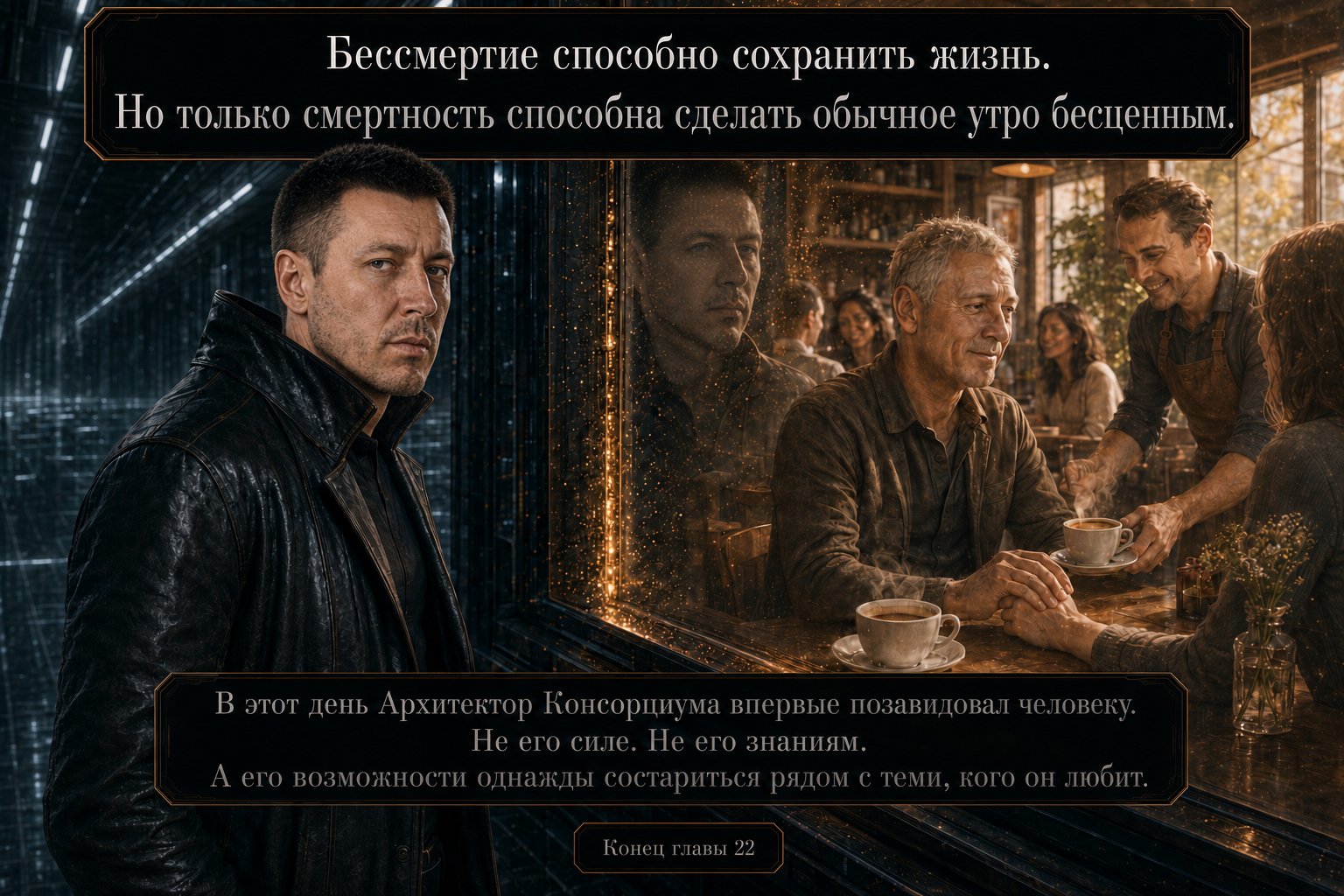Архитектор смотрит в сторону, в отражении рядом — сцена из кофейни с земным Артёмом за столиком — «Бессмертие способно сохранить жизнь. Но только смертность способна сделать обычное утро бесценным»