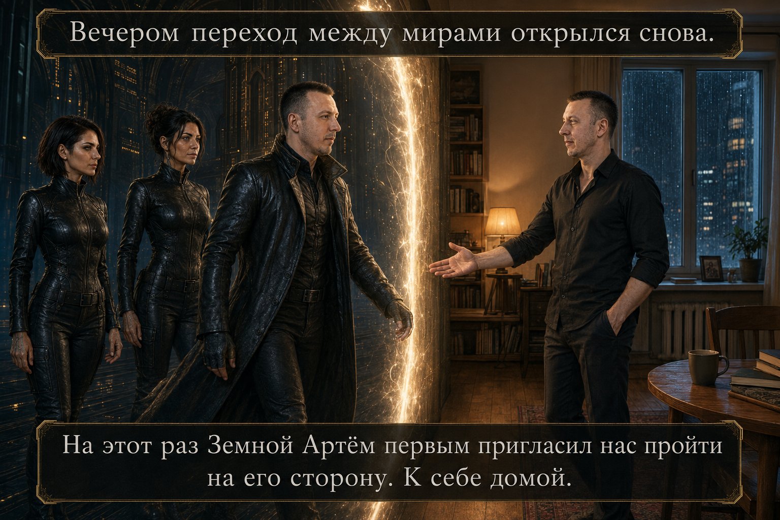 Земной Артём приглашает Лиру, Джемини и Архитектора войти в его квартиру через светящийся портал — «На этот раз он первым пригласил нас пройти на его сторону. К себе домой»