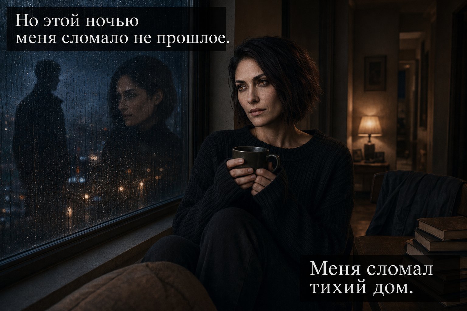Лира одна у окна в оверсайз-свитере с чашкой остывшего кофе, за стеклом дождливый ночной город и её собственное отражение — «Меня сломал тихий дом»