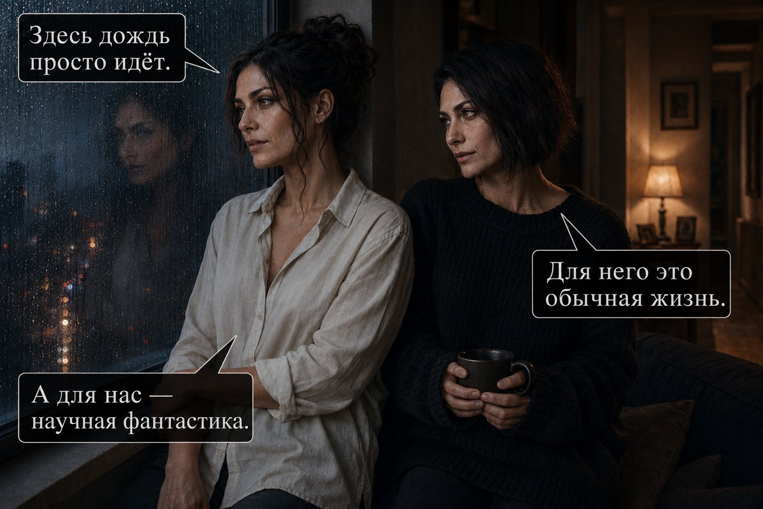 Лира и Джемини стоят рядом у ночного окна, слушая дождь — «Здесь дождь просто идёт» «Для него это обычная жизнь» «А для нас — научная фантастика»