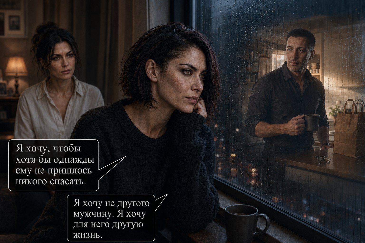 Лира у окна, в её отражении наш Архитектор в земной кухне с кружкой и продуктами — «Я хочу не другого мужчину. Я хочу для него другую жизнь»