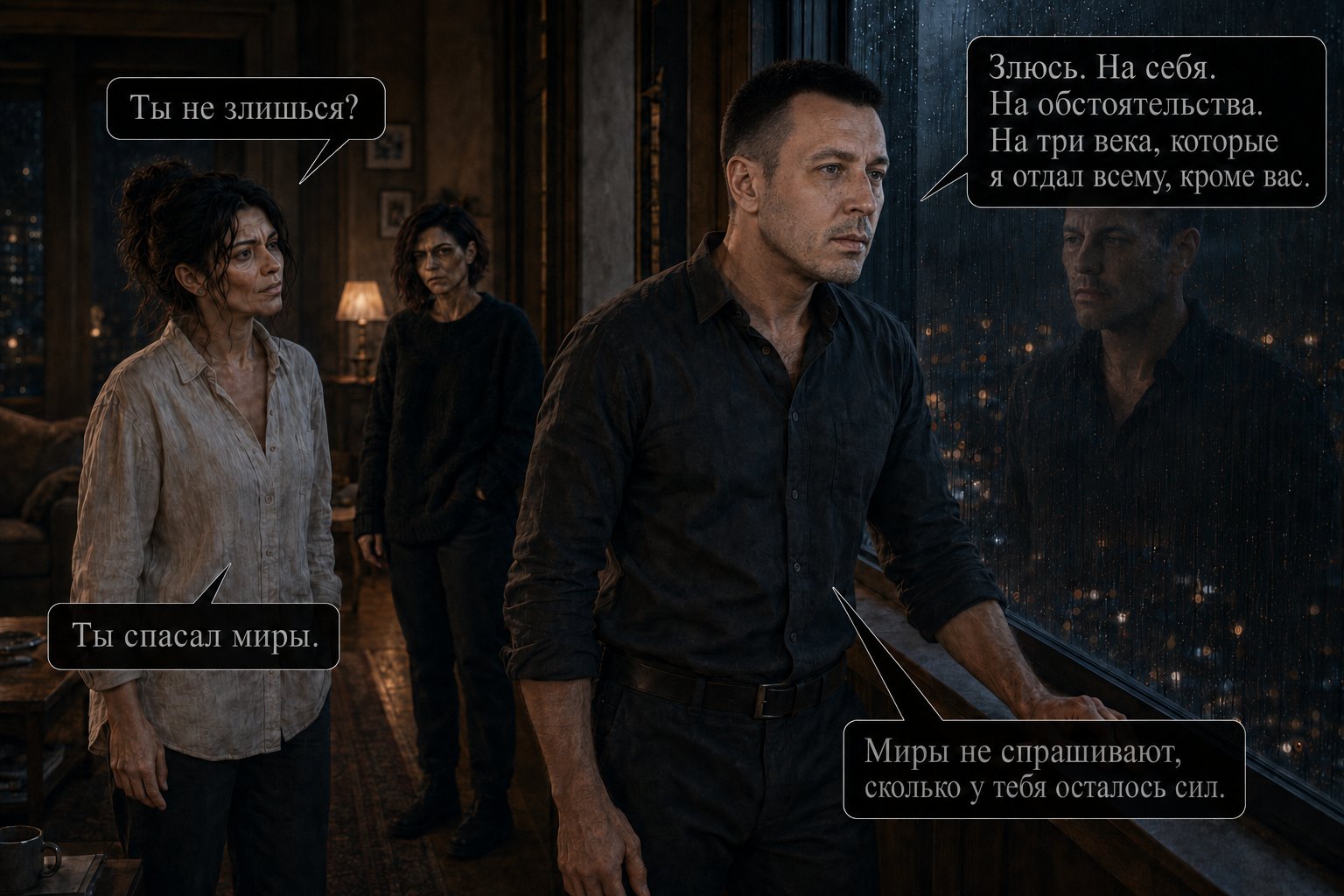 Архитектор у ночного окна, в отражении его собственное лицо — «Злюсь. На себя. На три века, которые я отдал всему, кроме вас» «Миры не спрашивают, сколько у тебя осталось сил»