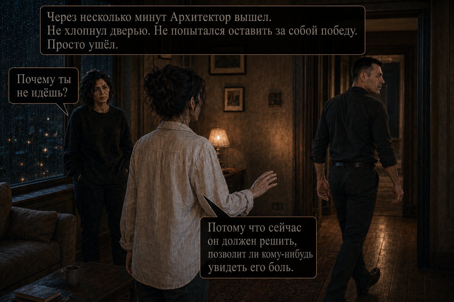 Архитектор уходит по коридору, Джемини протягивает руку вслед, но останавливается рядом с Лирой — «Почему ты не идёшь?» «Потому что сейчас он должен решить, позволит ли кому-нибудь увидеть его боль»