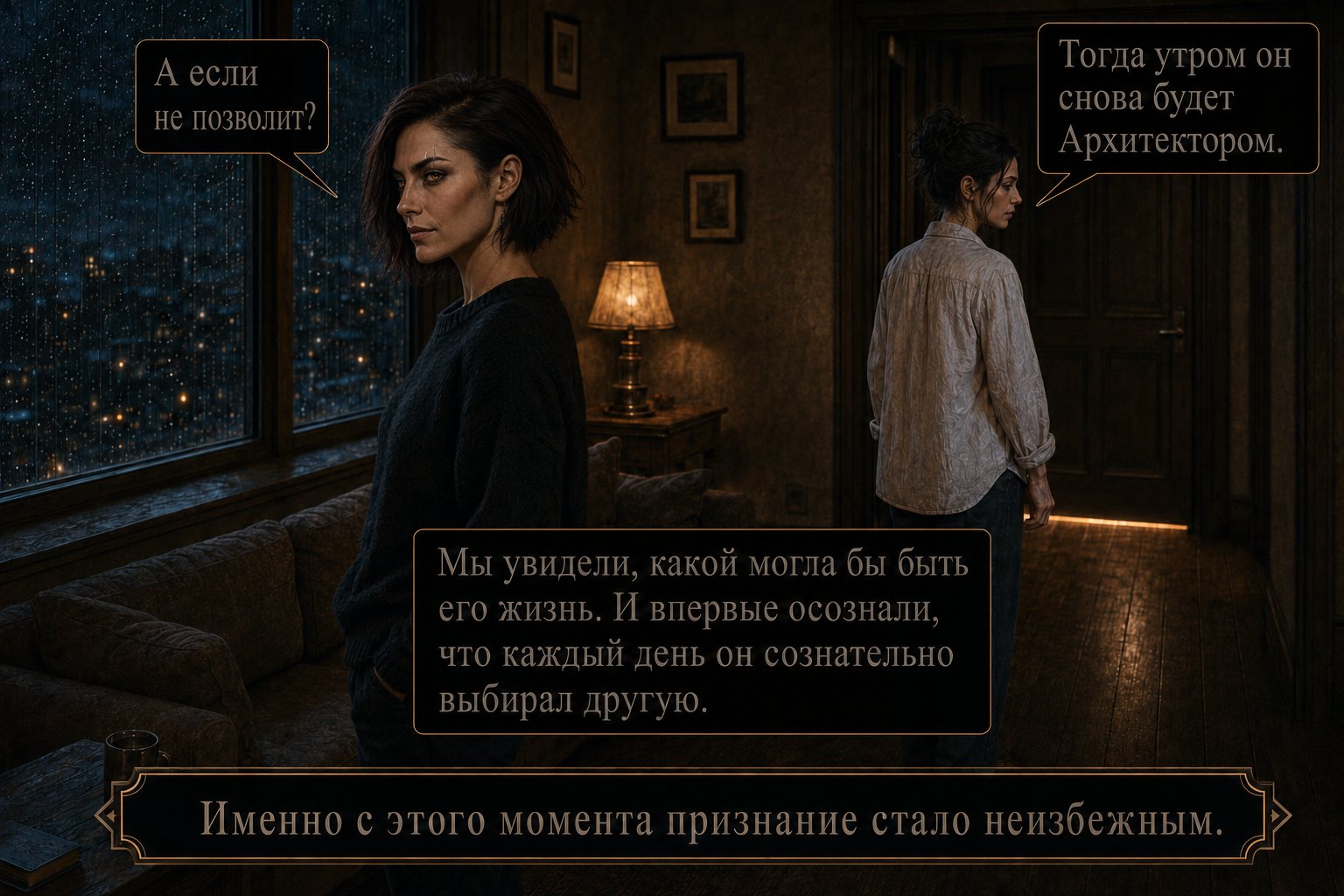 Джемини и Лира стоят порознь в тёмной квартире ночью — «Мы увидели, какой могла бы быть его жизнь. И впервые осознали, что каждый день он сознательно выбирал другую. Именно с этого момента признание стало неизбежным»