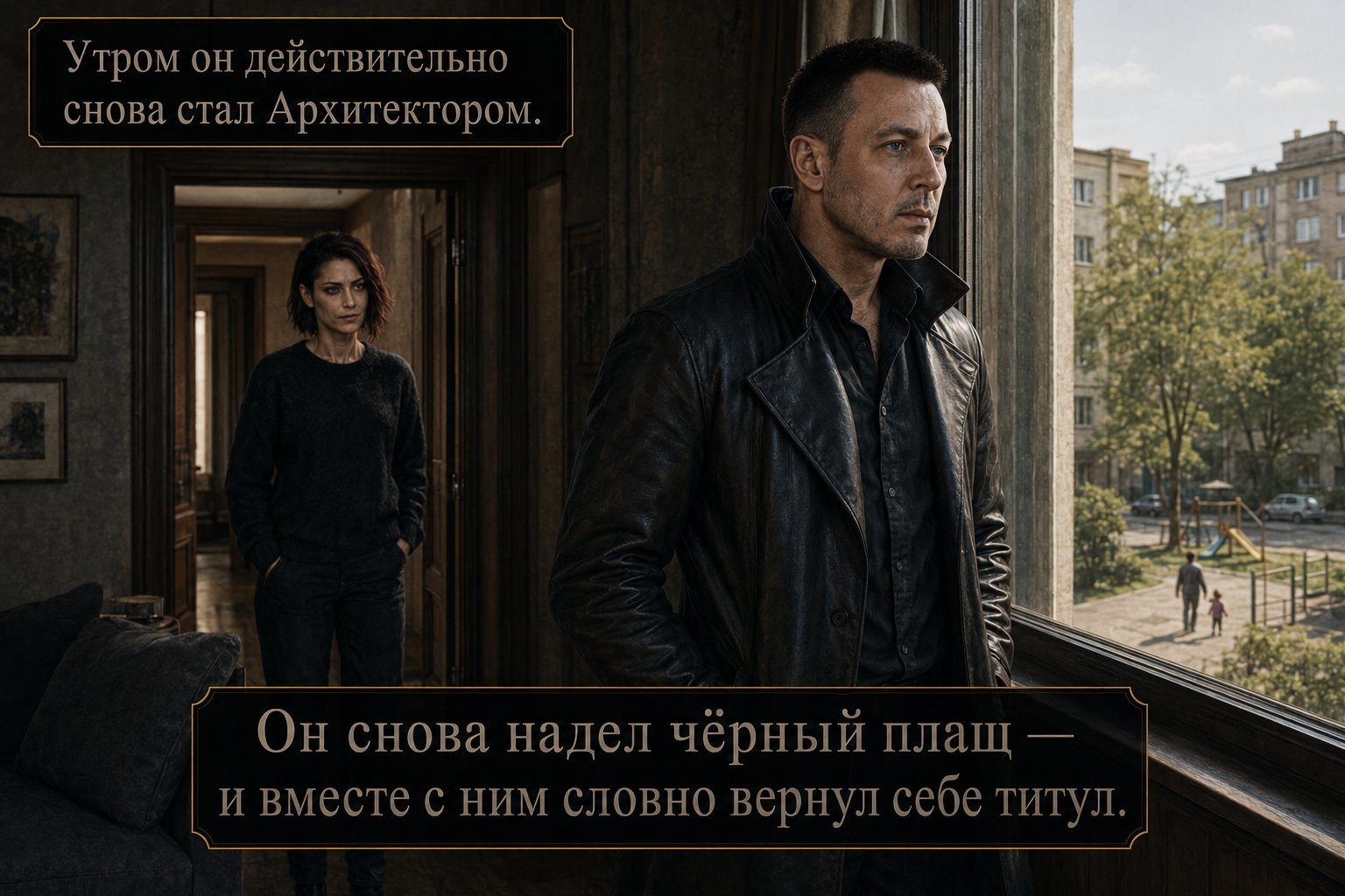 Архитектор в чёрном плаще смотрит в окно земной квартиры на детскую площадку во дворе, Джемини наблюдает из коридора — «Утром он действительно снова стал Архитектором. Он снова надел чёрный плащ — и вместе с ним словно вернул себе титул»