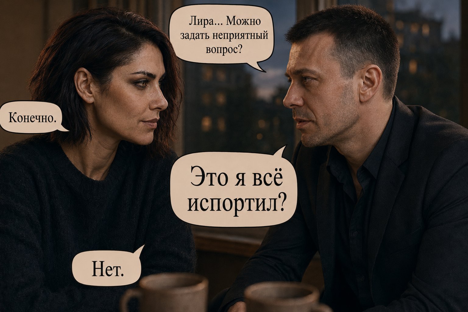 Земной Артём смотрит на Лиру — «Можно задать неприятный вопрос? Это я всё испортил?» «Нет»