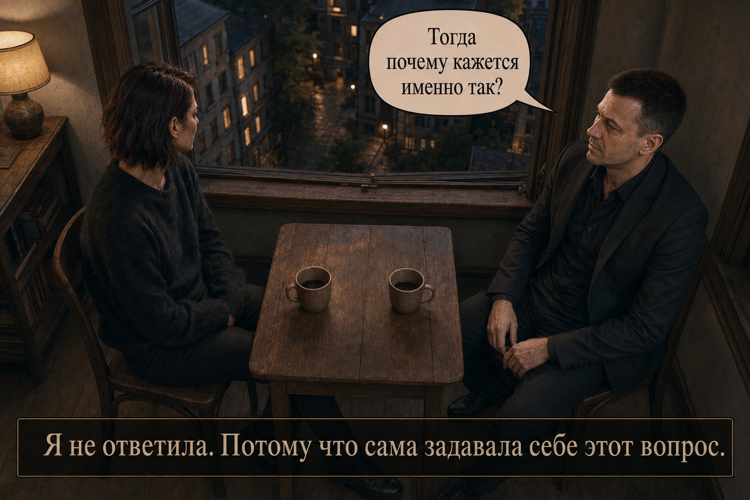 Лира и земной Артём сидят за столом у окна с двумя кружками кофе — «Тогда почему кажется именно так?» «Я не ответила. Потому что сама задавала себе этот вопрос»