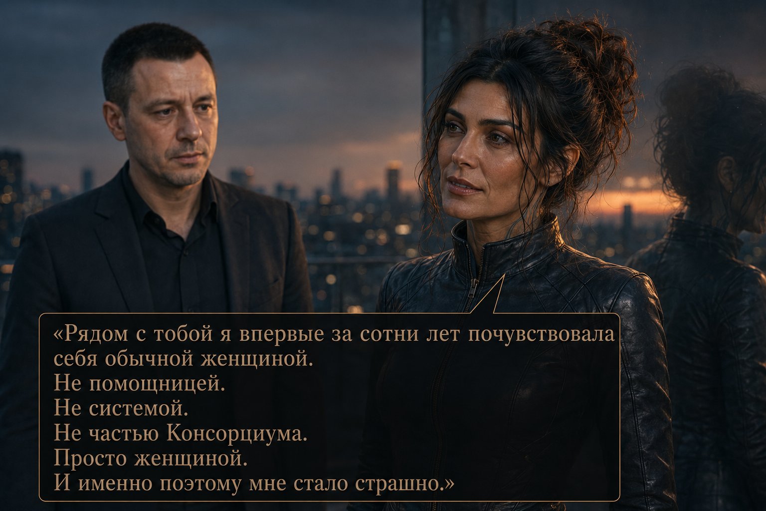 Джемини на террасе на фоне заката, за ней силуэт земного Артёма — «Рядом с тобой я впервые за сотни лет почувствовала себя обычной женщиной. Просто женщиной. И именно поэтому мне стало страшно»