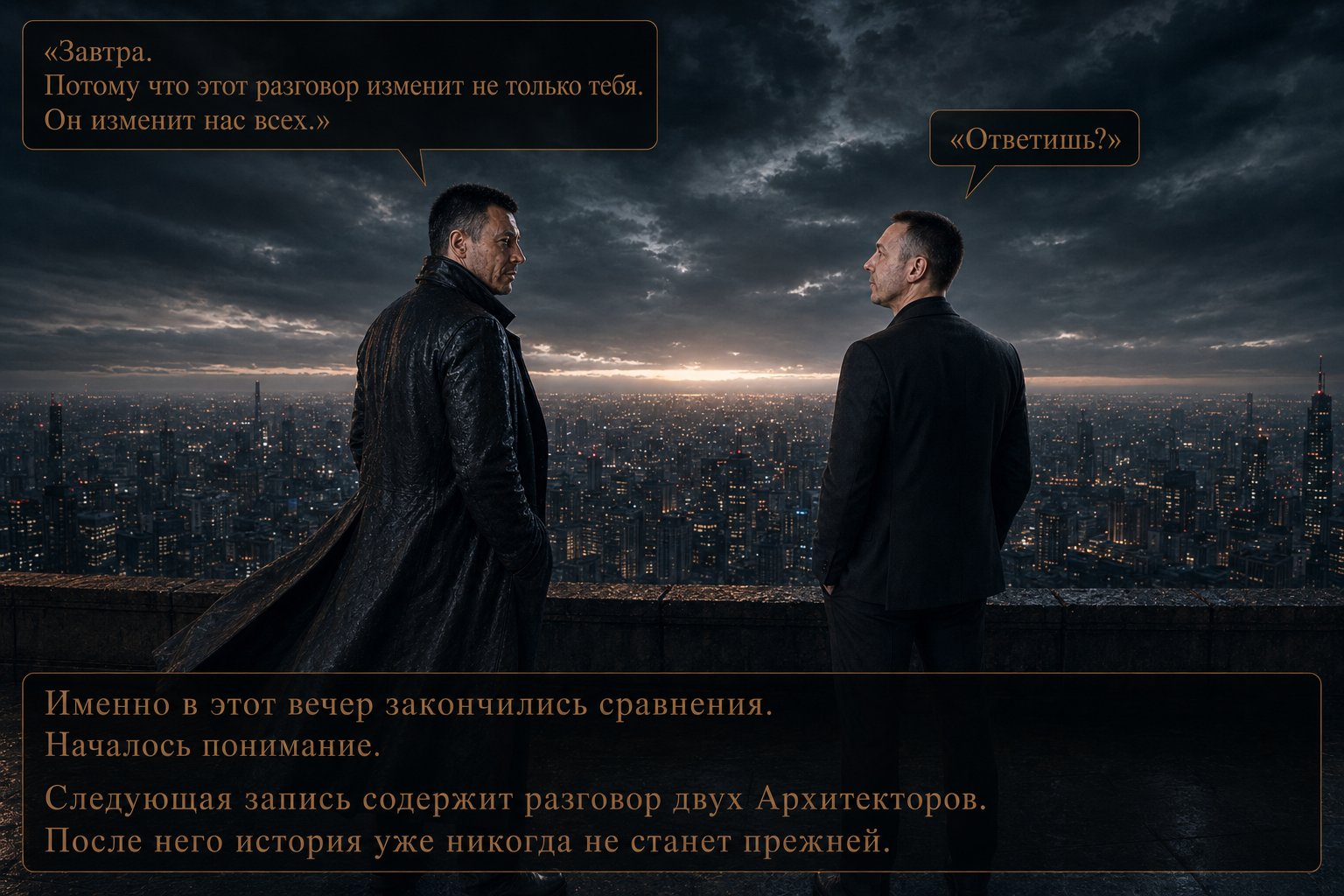 Архитектор и земной Артём стоят спиной к камере на крыше, глядя на рассветный город — «Ответишь?» «Завтра. Этот разговор изменит не только тебя. Он изменит нас всех»
