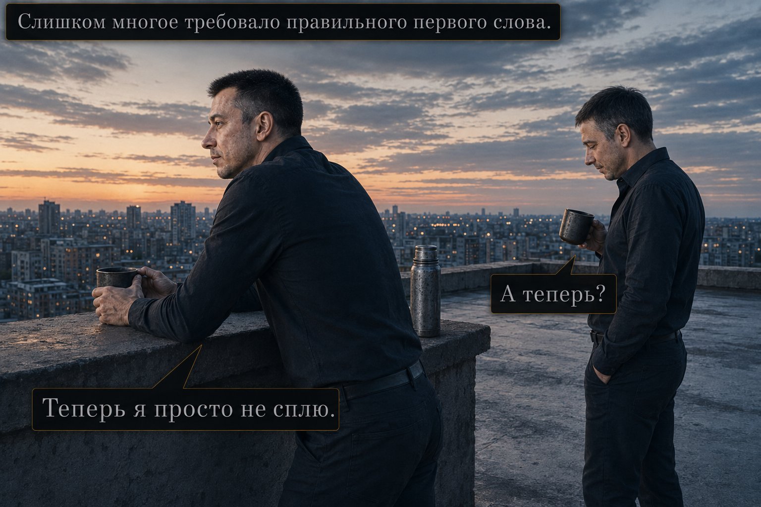 Архитектор и земной Артём стоят каждый у своего края крыши, оба со своими кружками — «Слишком многое требовало правильного первого слова» «А теперь?» «Теперь я просто не сплю»