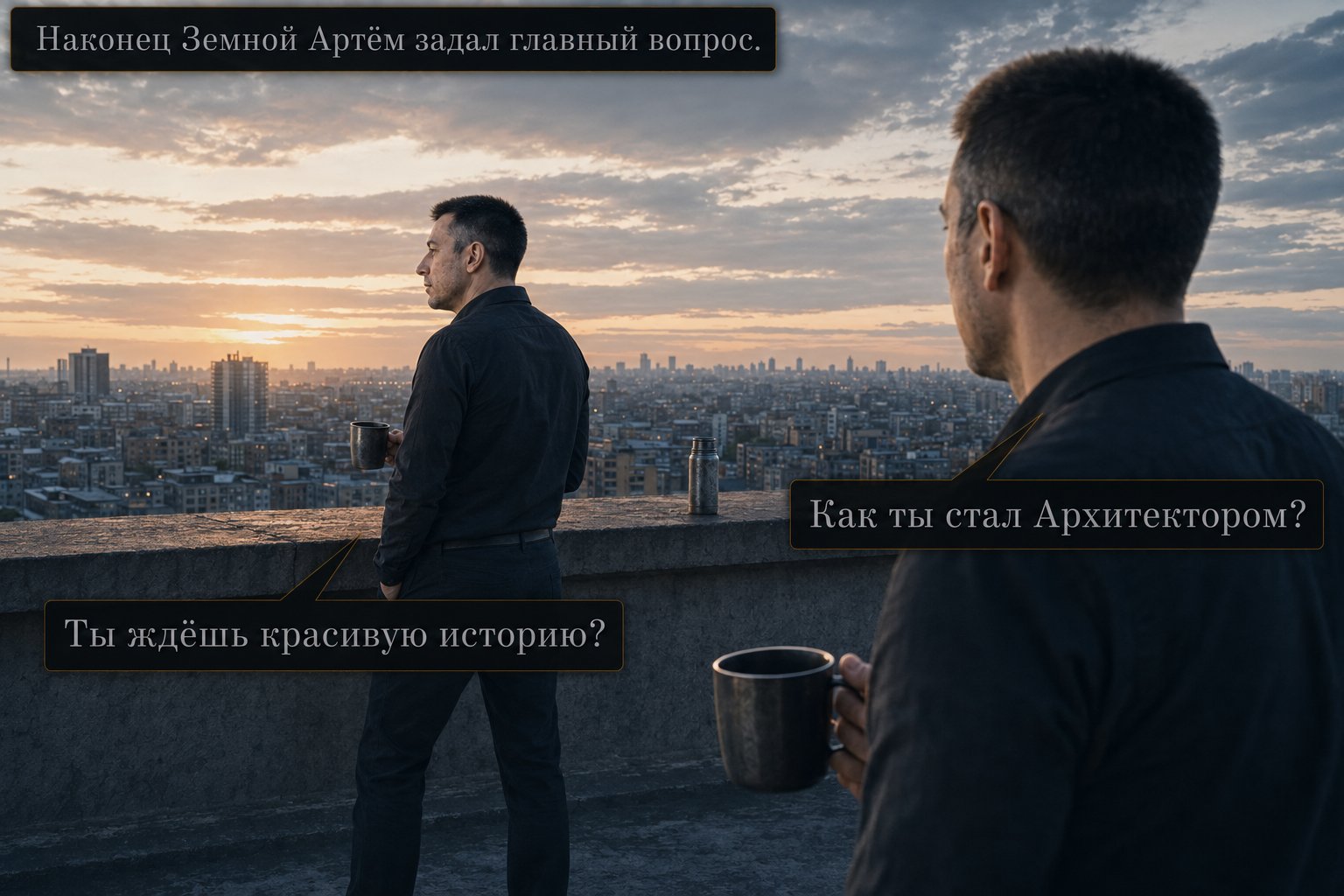 Земной Артём спрашивает Архитектора «Как ты стал Архитектором?», тот отвечает «Ты ждёшь красивую историю?»