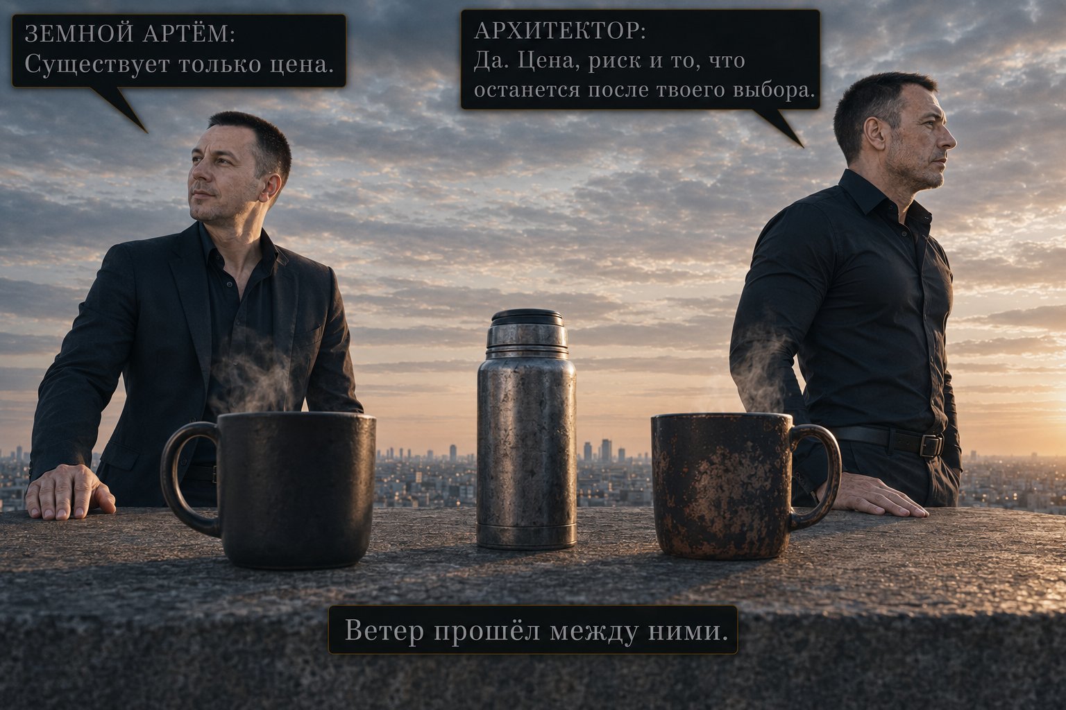 Две кружки и термос на парапете между Архитектором и земным Артёмом — «Существует только цена» «Да. Цена, риск и то, что останется после твоего выбора»
