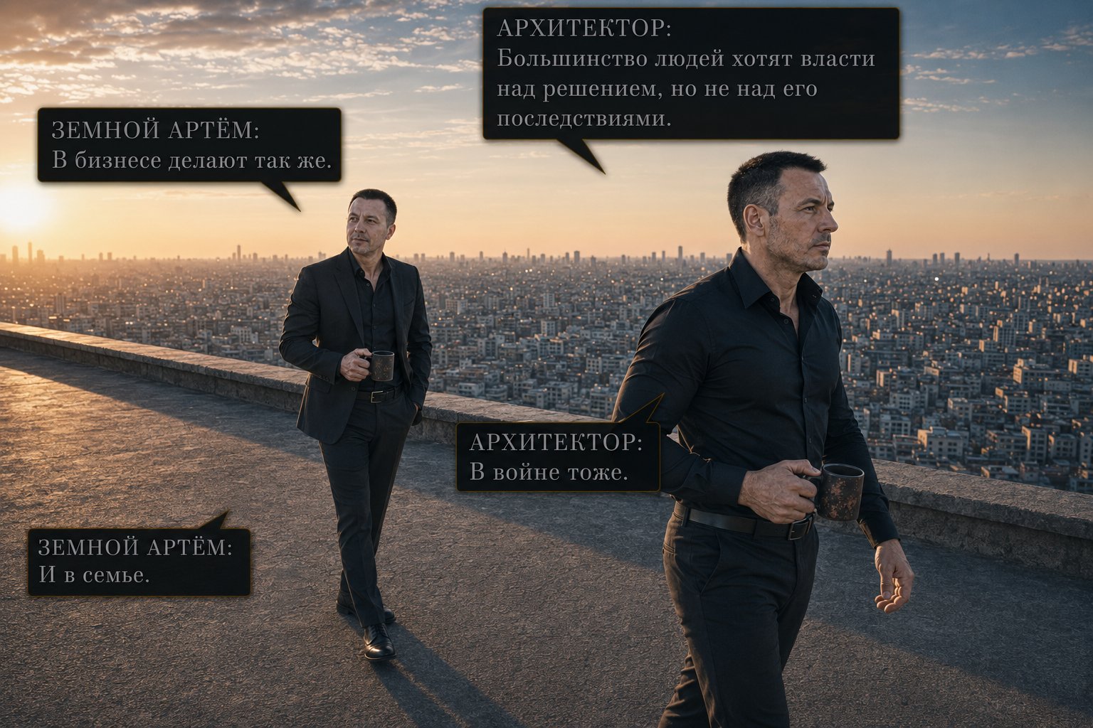 Архитектор и земной Артём идут вдоль края крыши — «Большинство людей хотят власти над решением, но не над его последствиями» «В бизнесе делают так же» «В войне тоже» «И в семье»