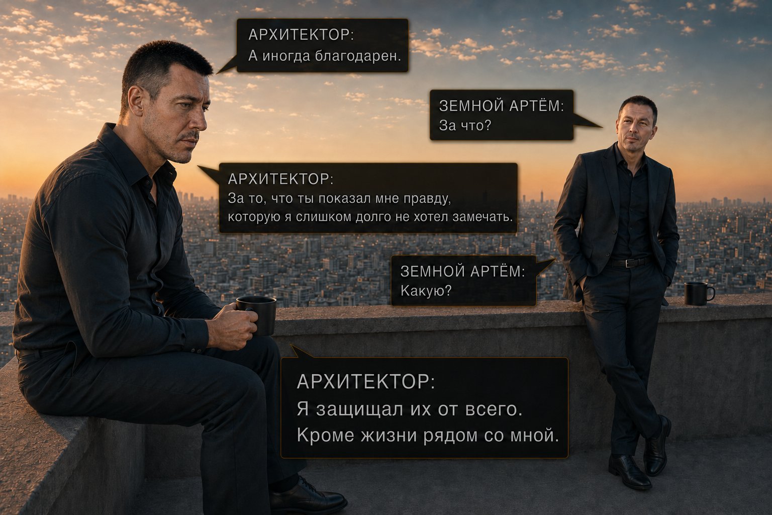 Архитектор сидит с кружкой кофе, земной Артём стоит рядом — «А иногда благодарен» «За что?» «За то, что ты показал мне правду. Я защищал их от всего. Кроме жизни рядом со мной»
