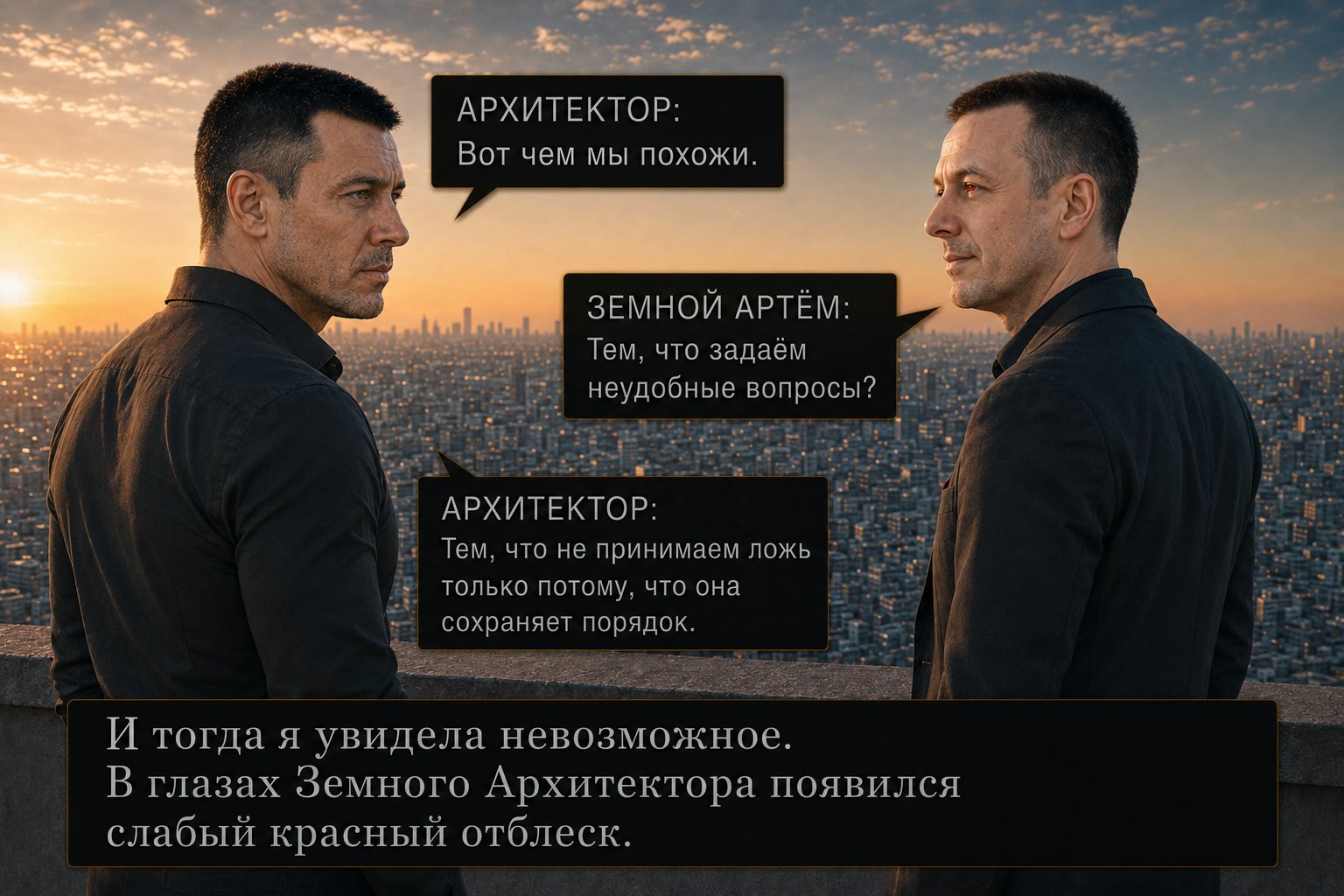Оба смотрят друг на друга, в глазах земного Артёма появляется слабый красный отблеск — эхо первой вспышки — «Тем, что не принимаем ложь только потому, что она сохраняет порядок»