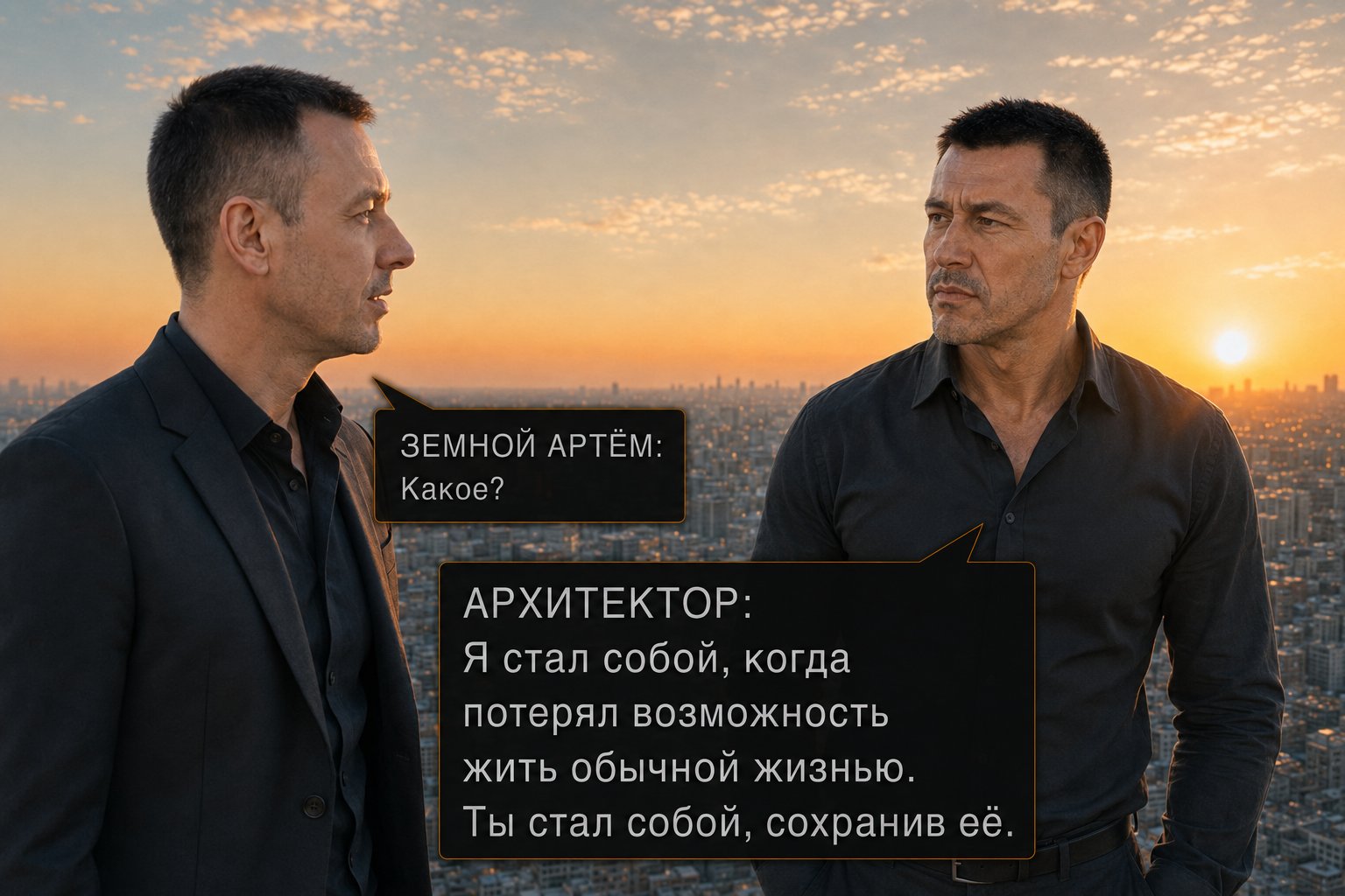 Архитектор и земной Артём смотрят друг на друга на фоне рассвета — «Я стал собой, когда потерял возможность жить обычной жизнью. Ты стал собой, сохранив её»