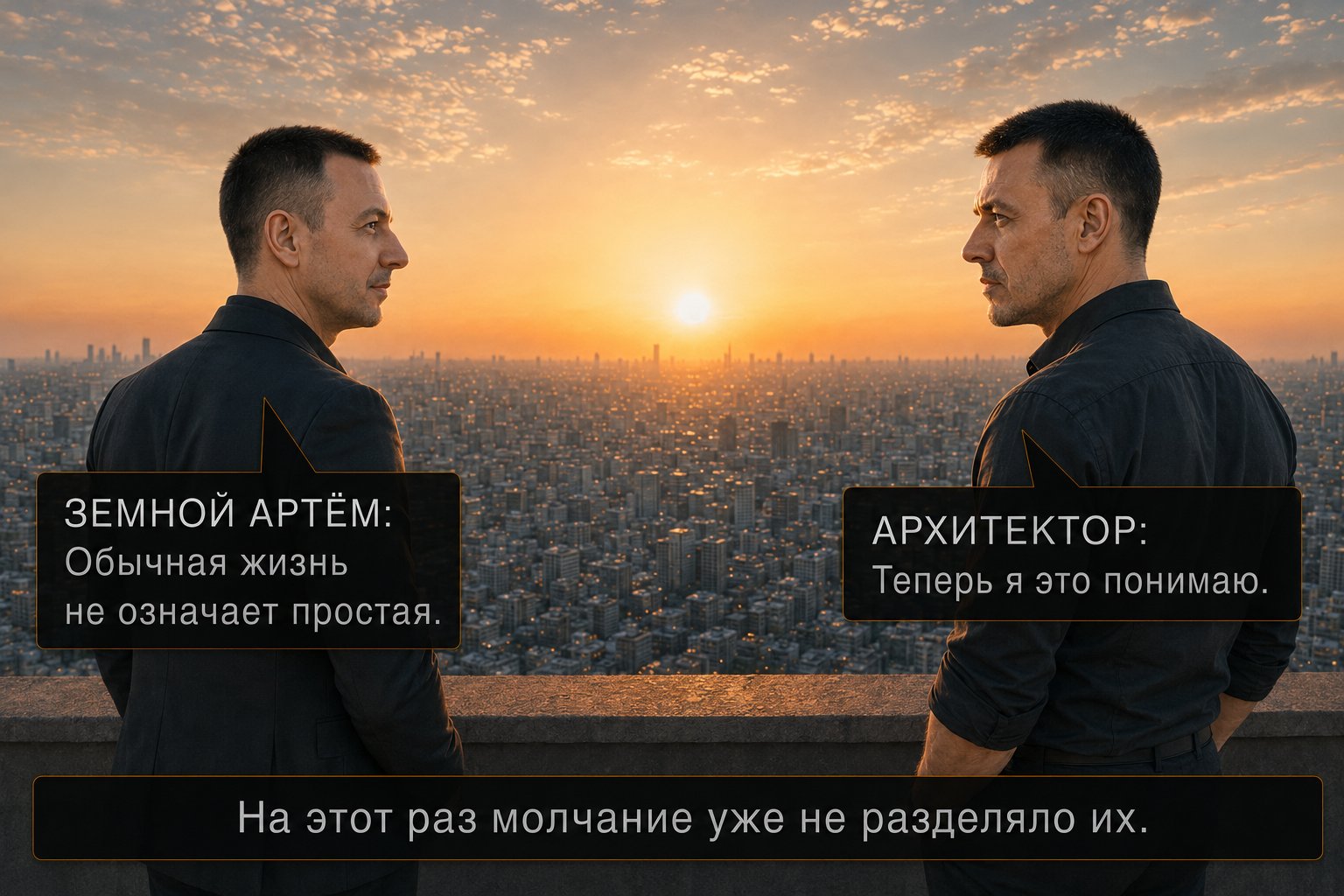 Архитектор и земной Артём стоят спиной друг к другу, лица повёрнуты друг к другу на фоне восходящего солнца — «Обычная жизнь не означает простая» «Теперь я это понимаю. На этот раз молчание уже не разделяло их»