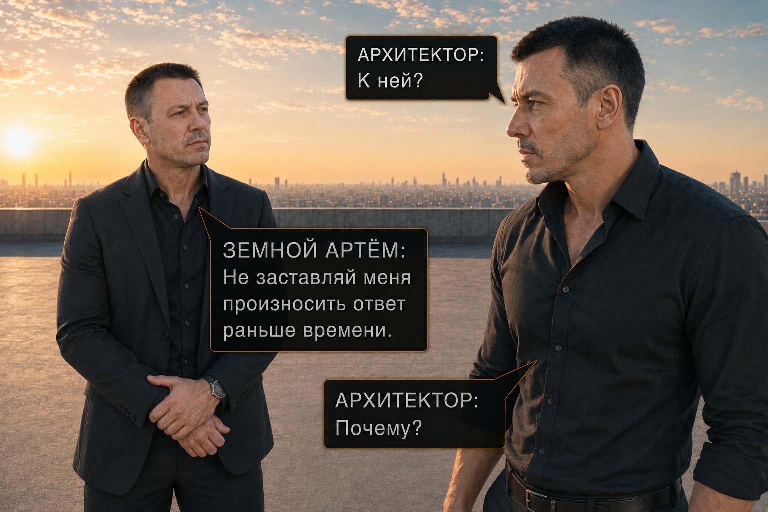 Архитектор спрашивает «К ней?», земной Артём сжимает пальцы на парапете — «Не заставляй меня произносить ответ раньше времени» «Почему?»