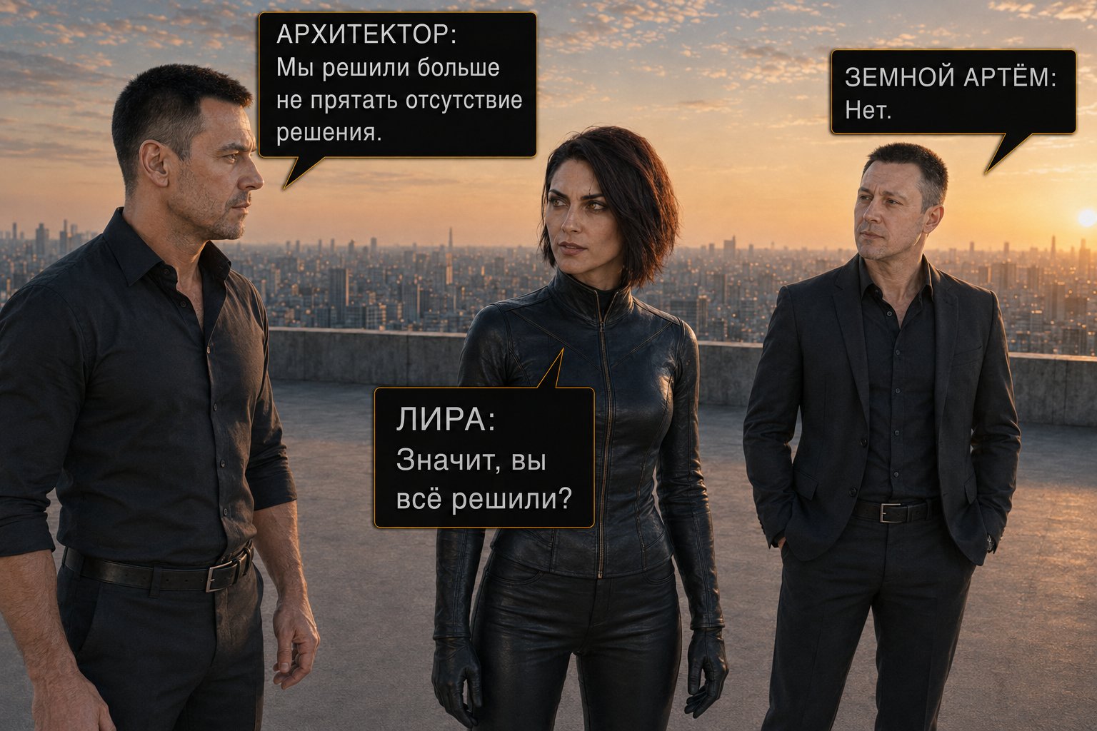Лира выходит на крышу к Архитектору и земному Артёму — «Значит, вы всё решили?» «Нет»