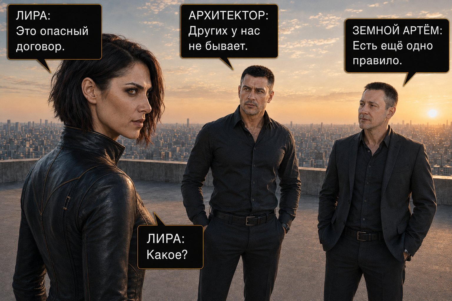 Лира, Архитектор и земной Артём стоят втроём на крыше — «Мы решили больше не прятать отсутствие решения» «Это опасный договор» «Других у нас не бывает»