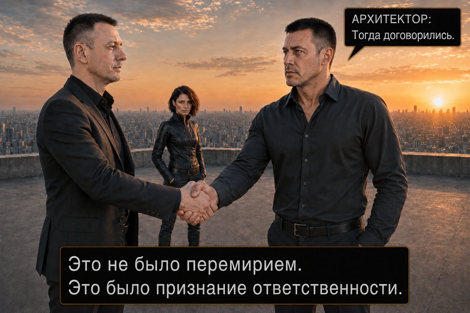 Архитектор и земной Артём пожимают руки, Лира стоит рядом — «Тогда договорились». Это не было перемирием — это было признание ответственности