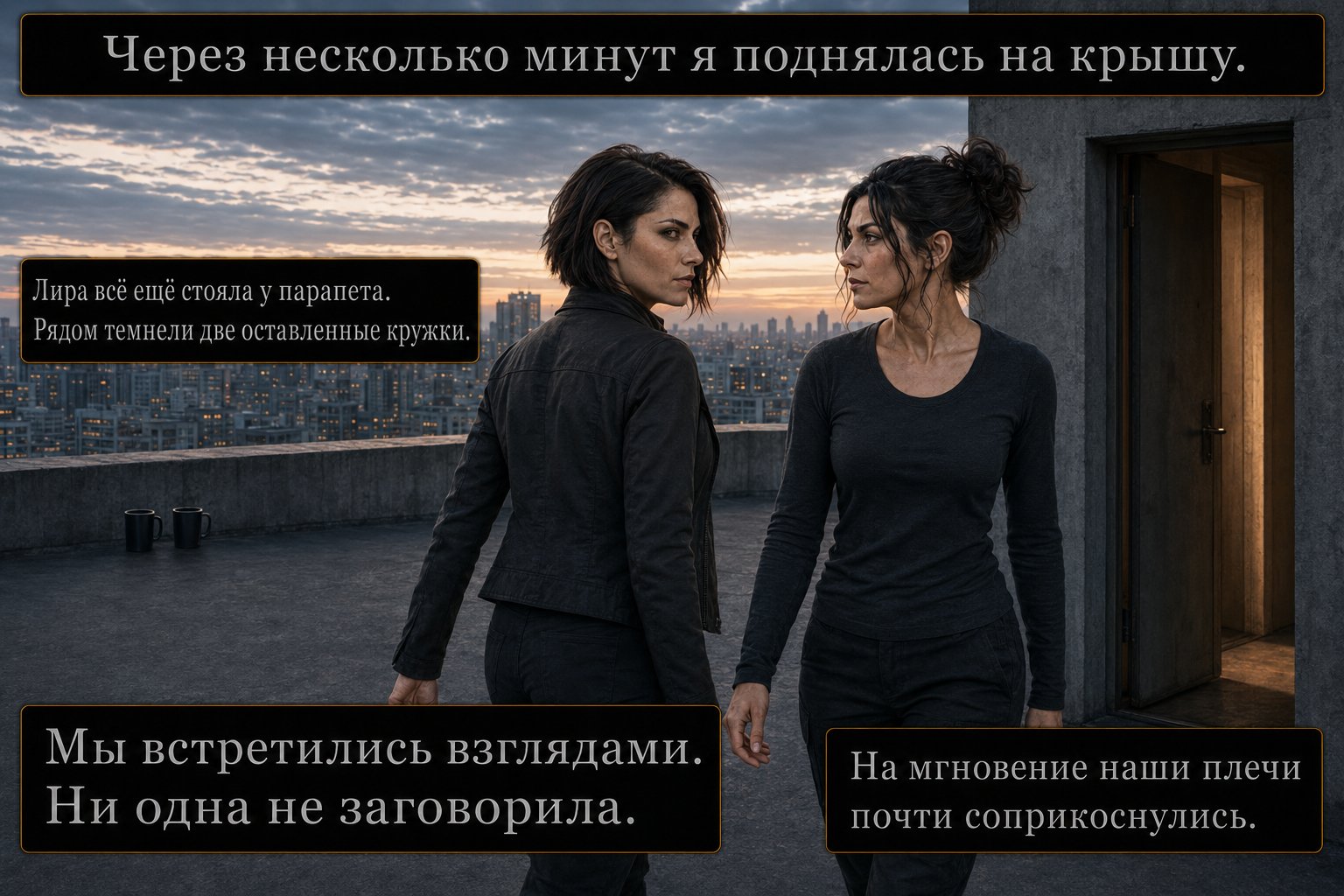 Джемини встречается взглядом с Лирой на крыше, их плечи почти соприкасаются — «Мы встретились взглядами. Ни одна не заговорила»