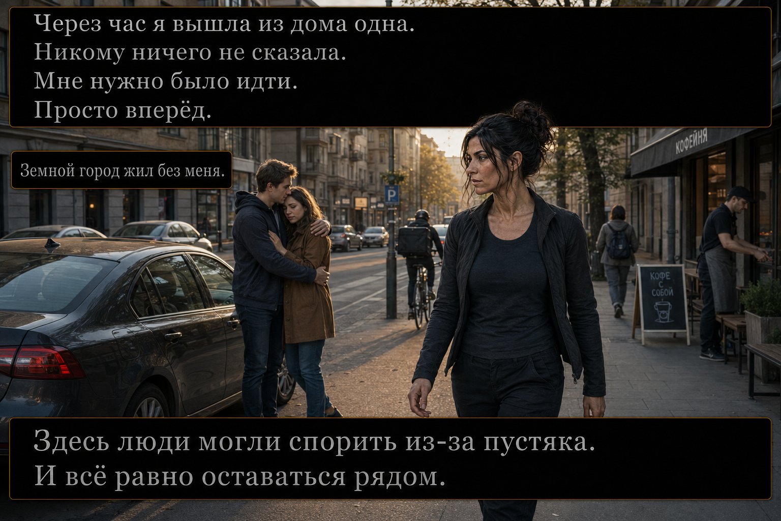 Джемини одна идёт по земной улице мимо кофейни, вдалеке пара мирится после спора — «Здесь люди могли спорить из-за пустяка. И всё равно оставаться рядом»