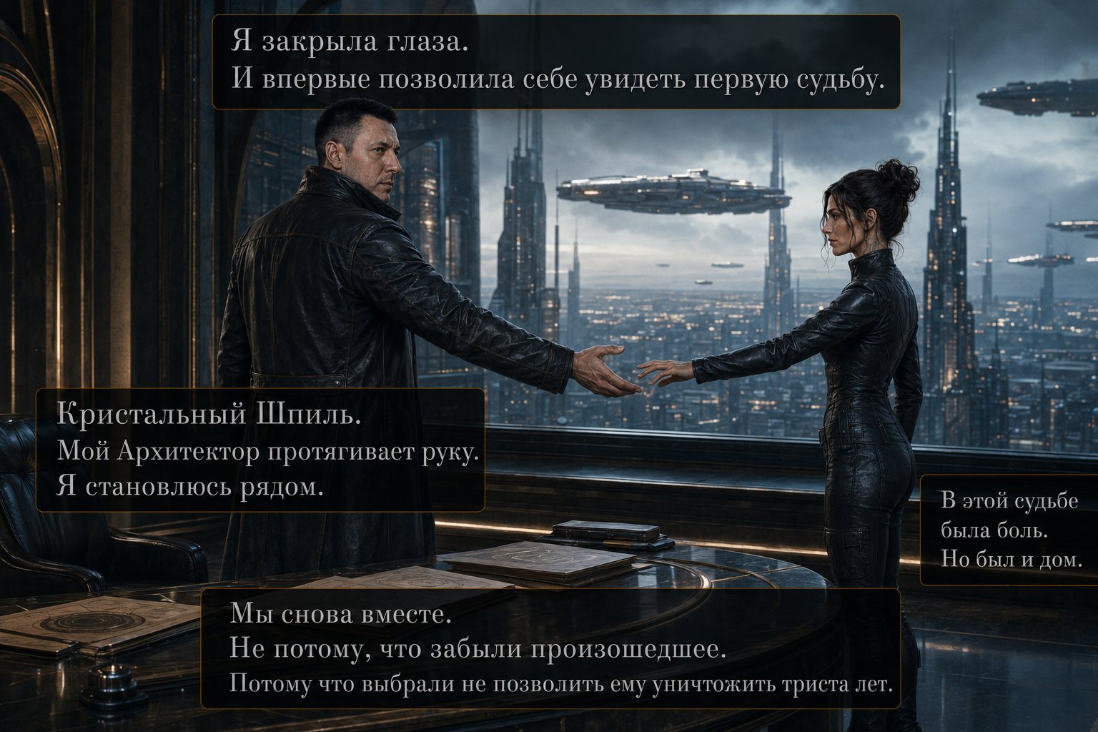 Видение первой судьбы: Архитектор протягивает руку Джемини у панорамного окна башни Кристальный Шпиль на фоне летящих кораблей Консорциума — «Мы снова вместе. В этой судьбе была боль. Но был и дом»