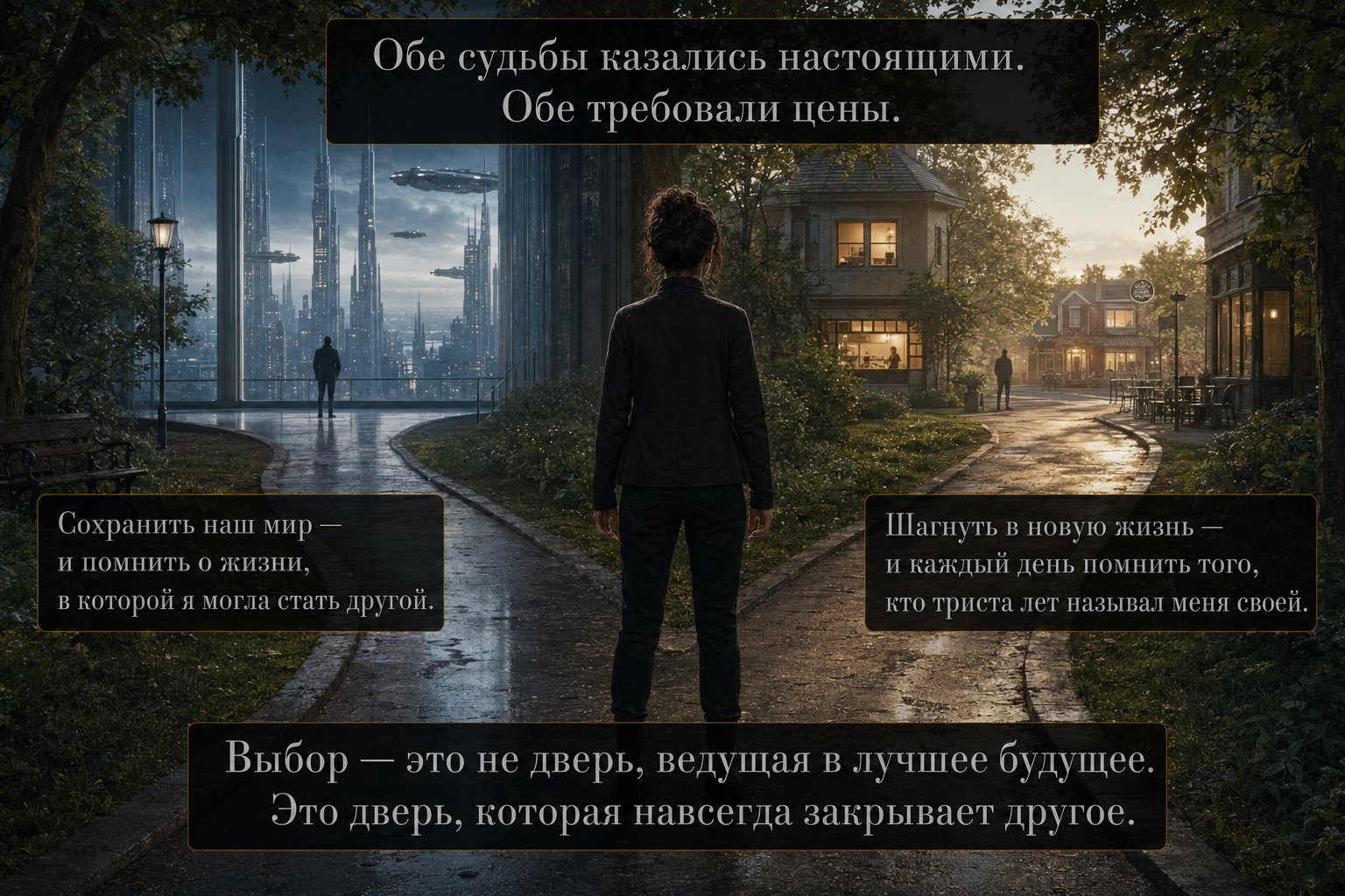 Джемини стоит на развилке двух дорожек парка — слева уходит в футуристический город Консорциума, справа в тёплый земной городок — «Выбор — это не дверь, ведущая в лучшее будущее. Это дверь, которая навсегда закрывает другое»